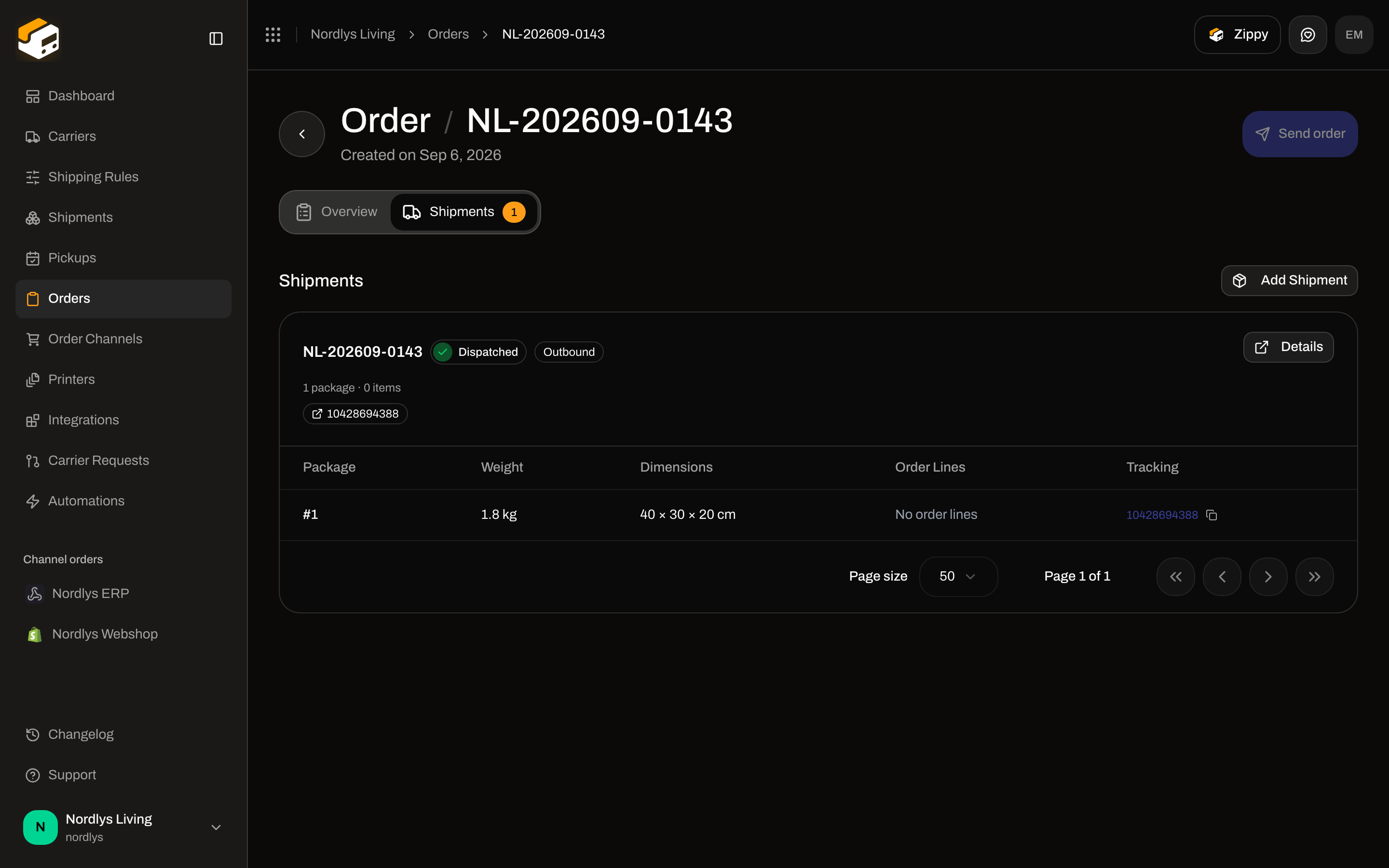 Order Shipments tab with a dispatched outbound shipment card and Details