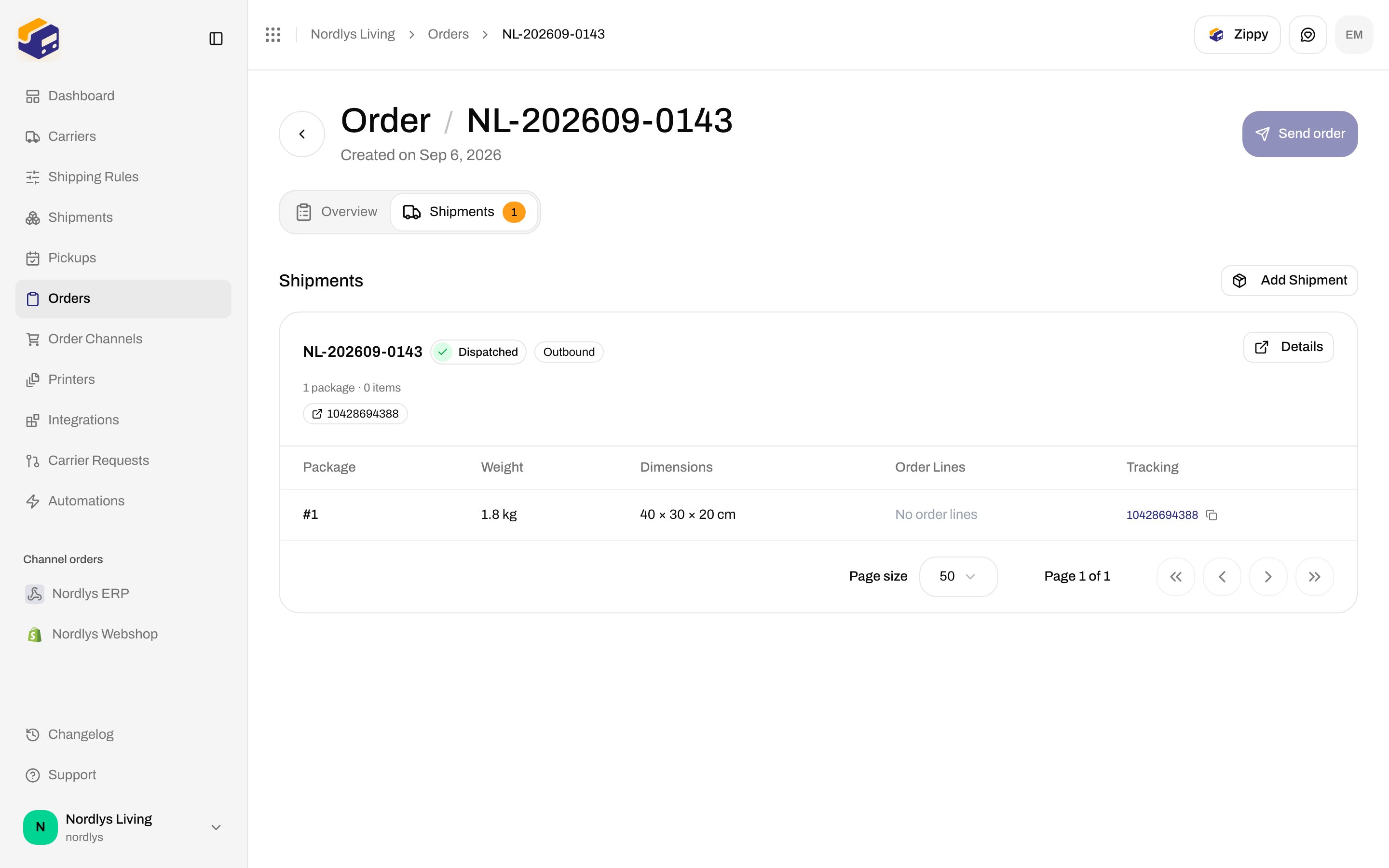 Order Shipments tab with a dispatched outbound shipment card and Details