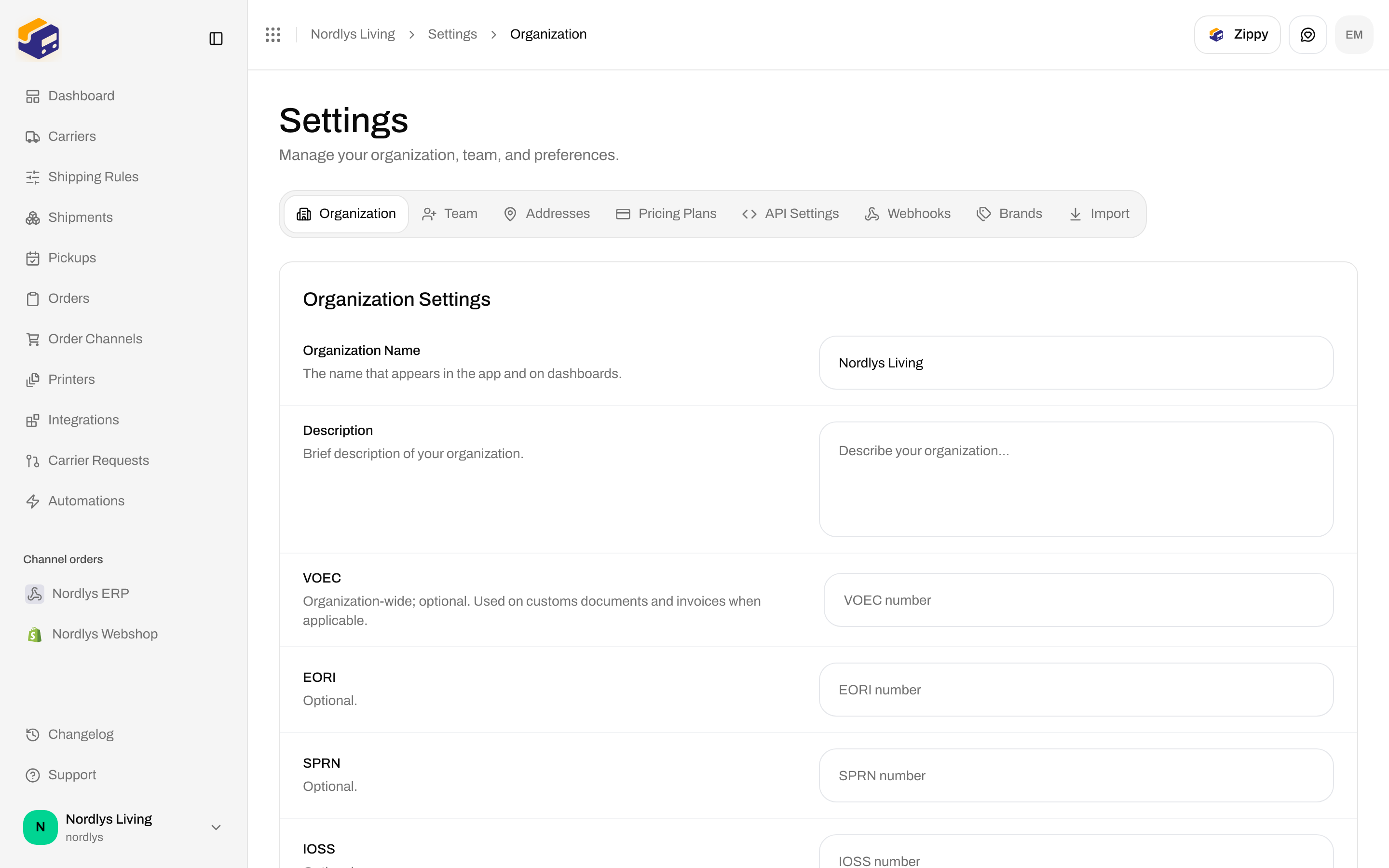 Organization Settings with Nordlys Living and optional VOEC, EORI, SPRN, and IOSS fields