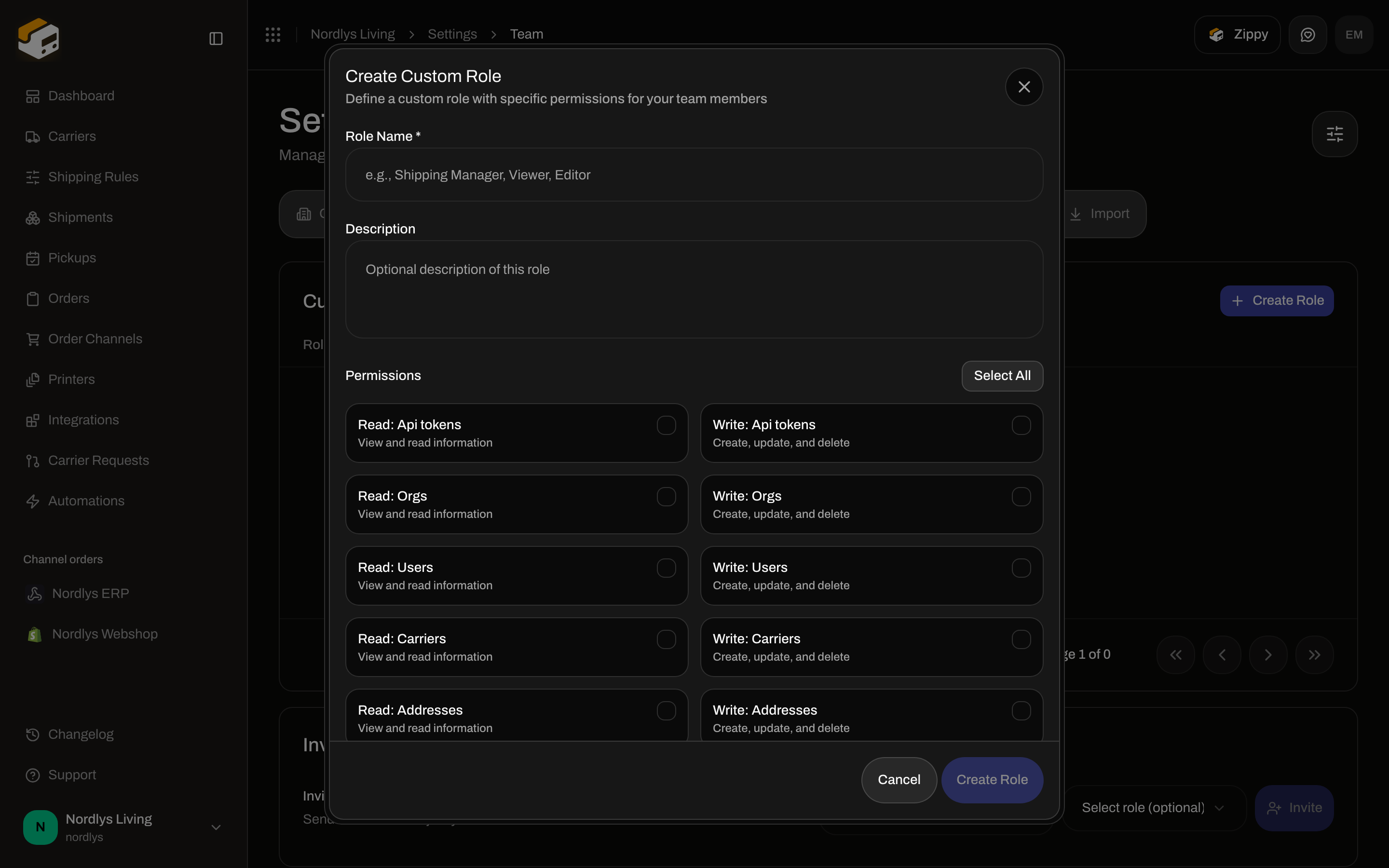 Create Custom Role dialog with Role Name, Description, and permission toggles