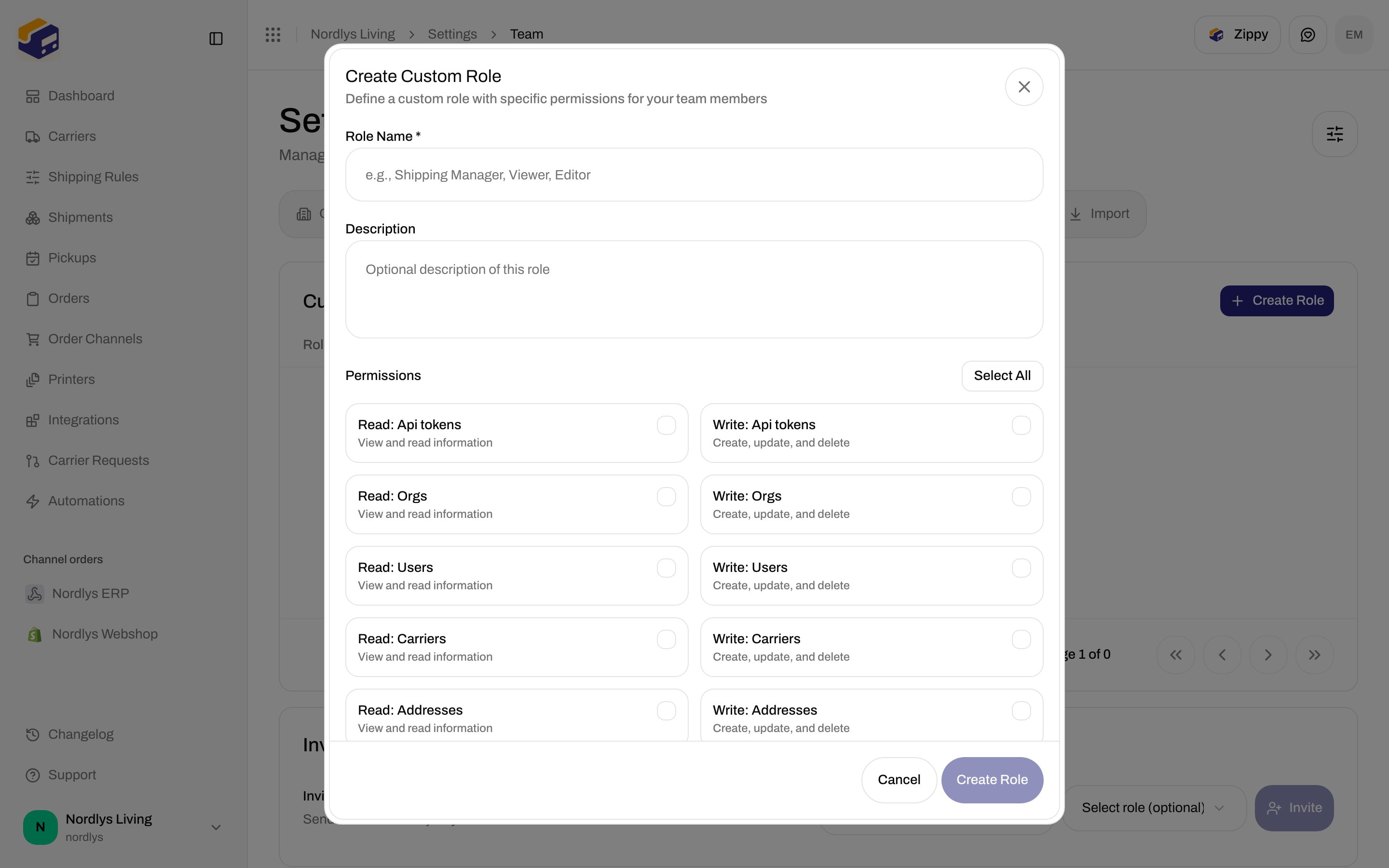Create Custom Role dialog with Role Name, Description, and permission toggles