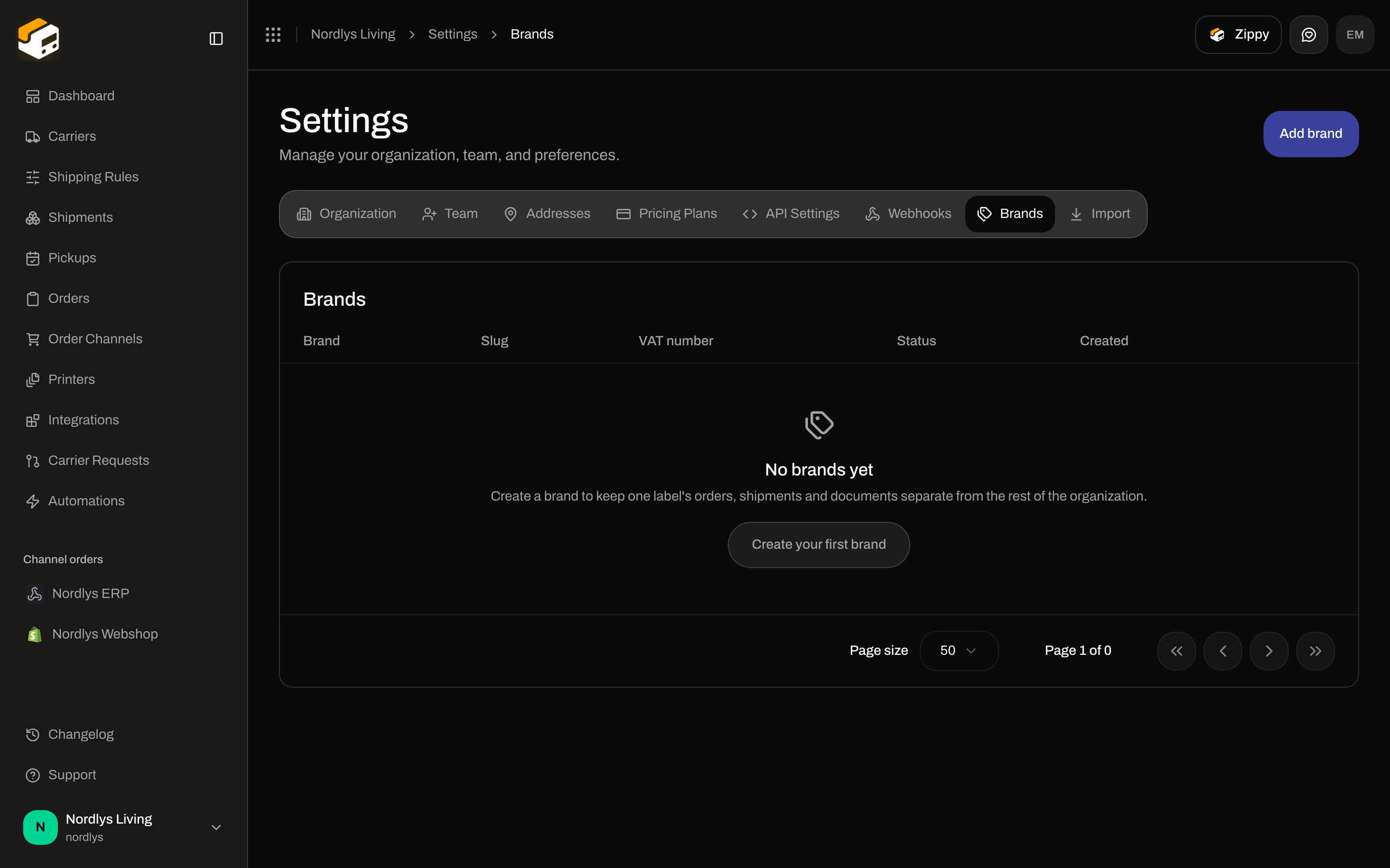 Brands tab empty state with Create your first brand and an Add brand header button