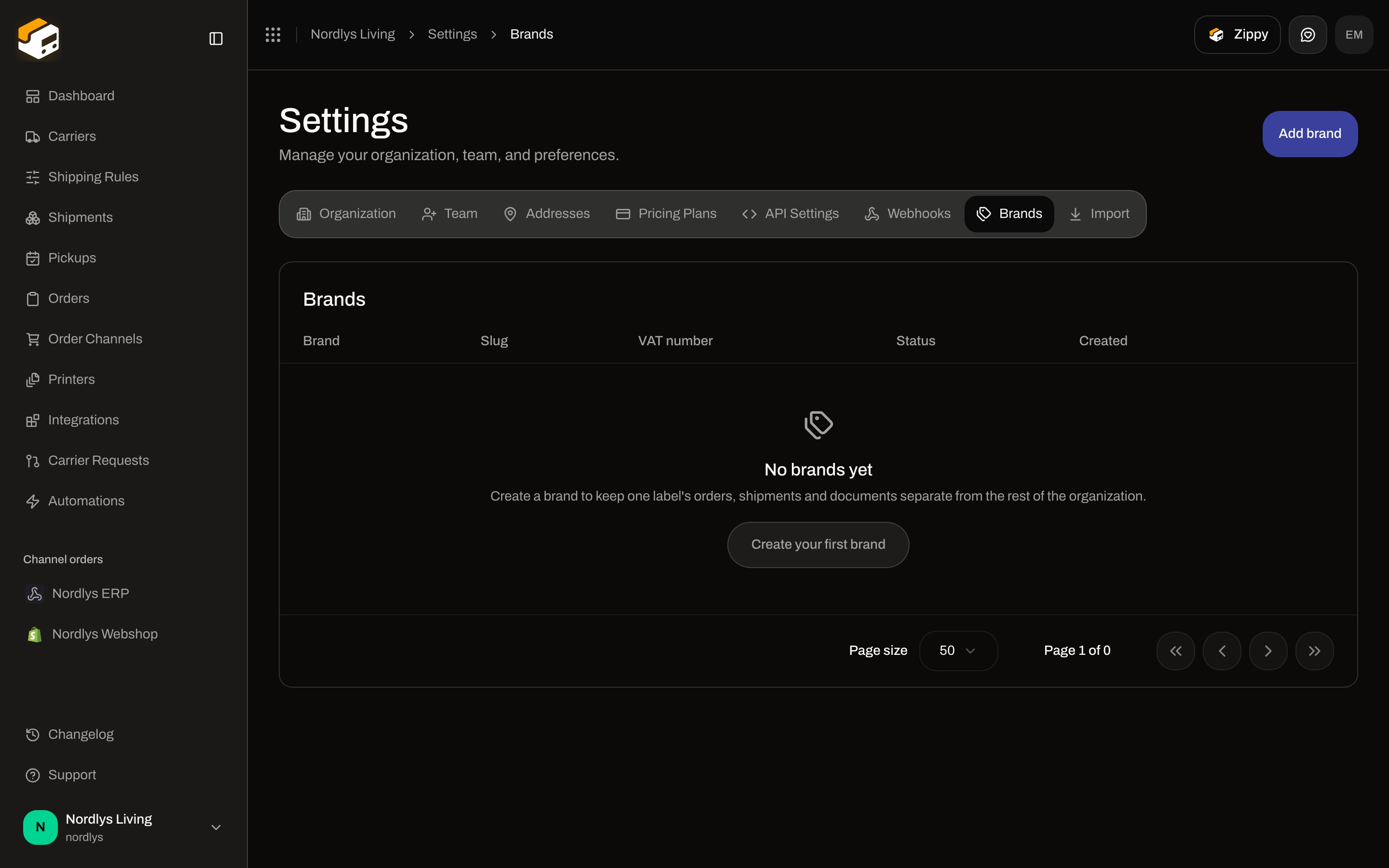 Brands tab empty state with Create your first brand and an Add brand header button