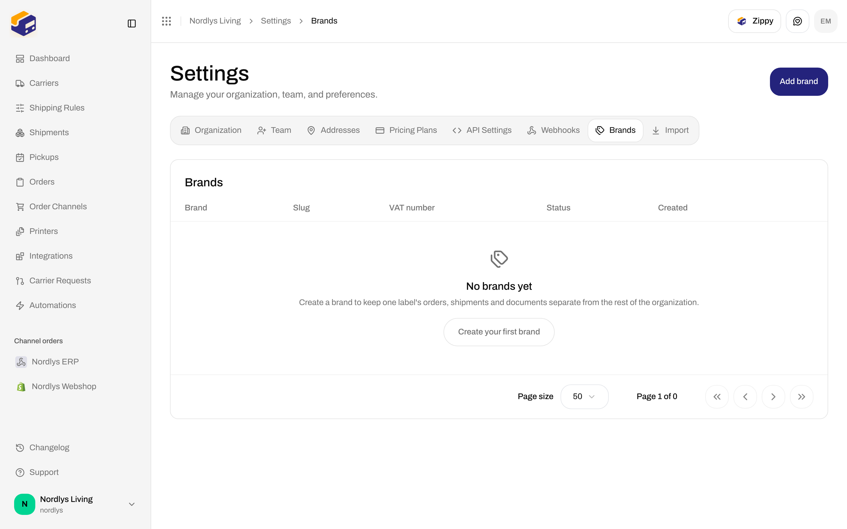 Brands tab empty state with Create your first brand and an Add brand header button
