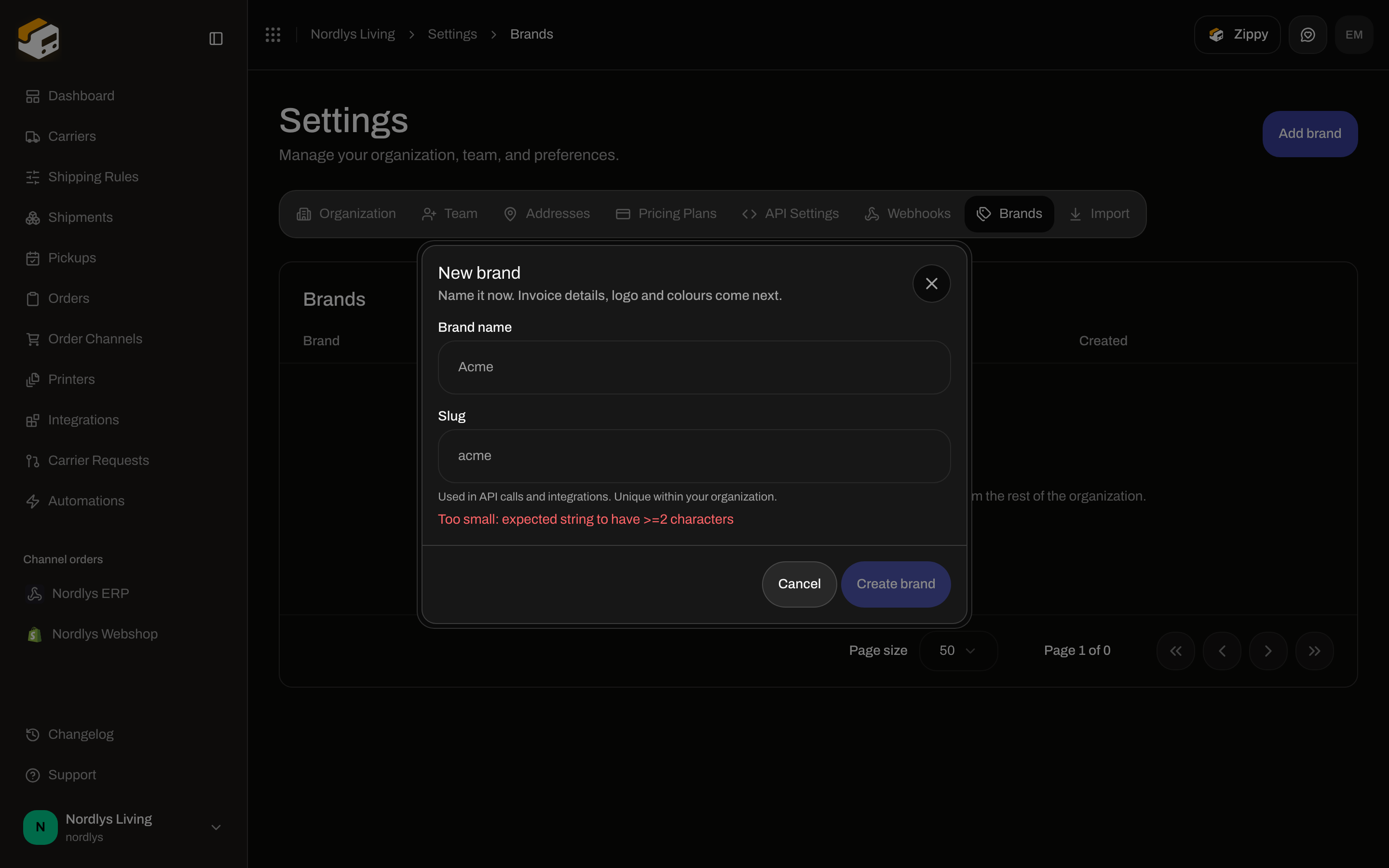 New brand dialog with Brand name and Slug fields