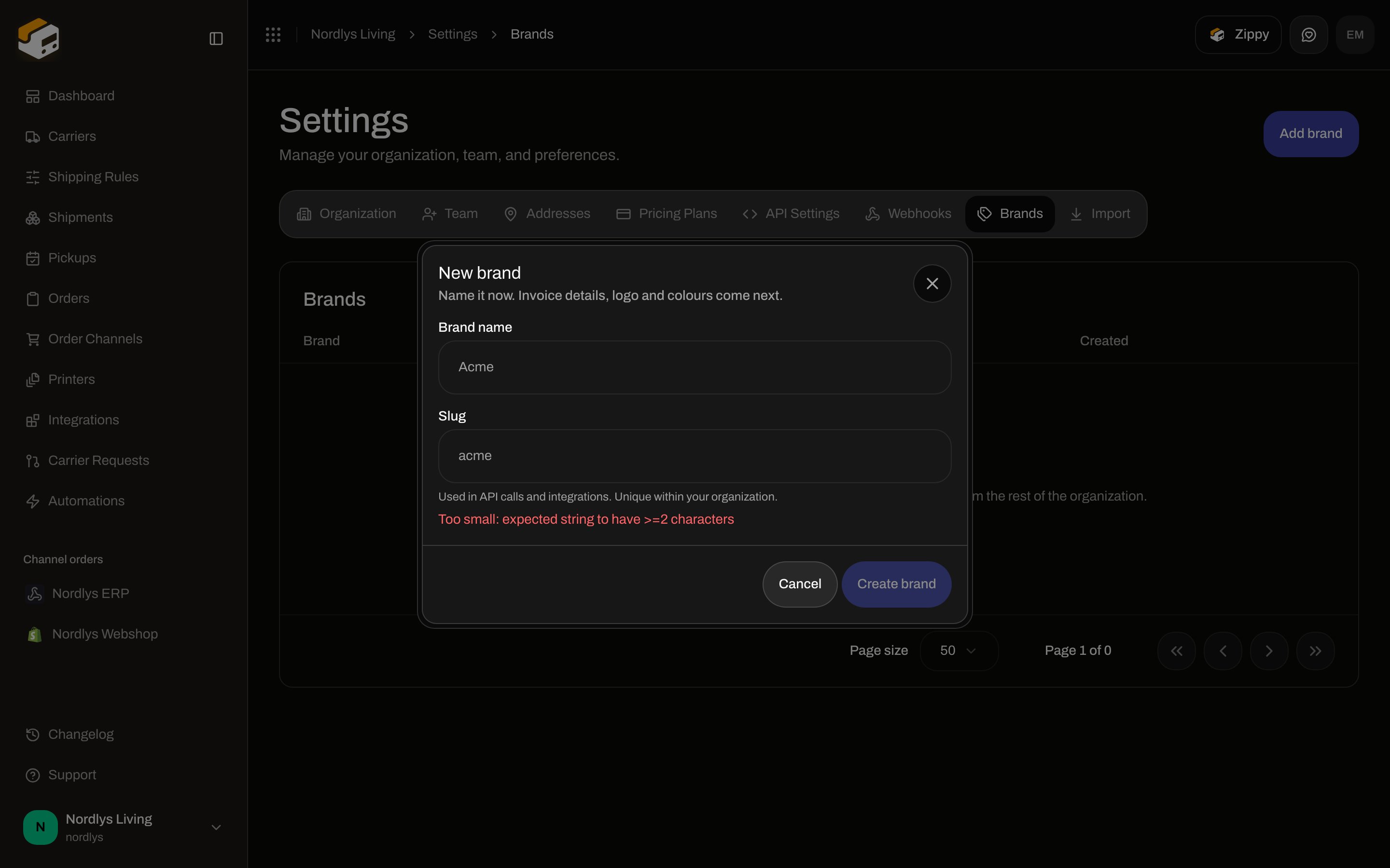 New brand dialog with Brand name and Slug fields