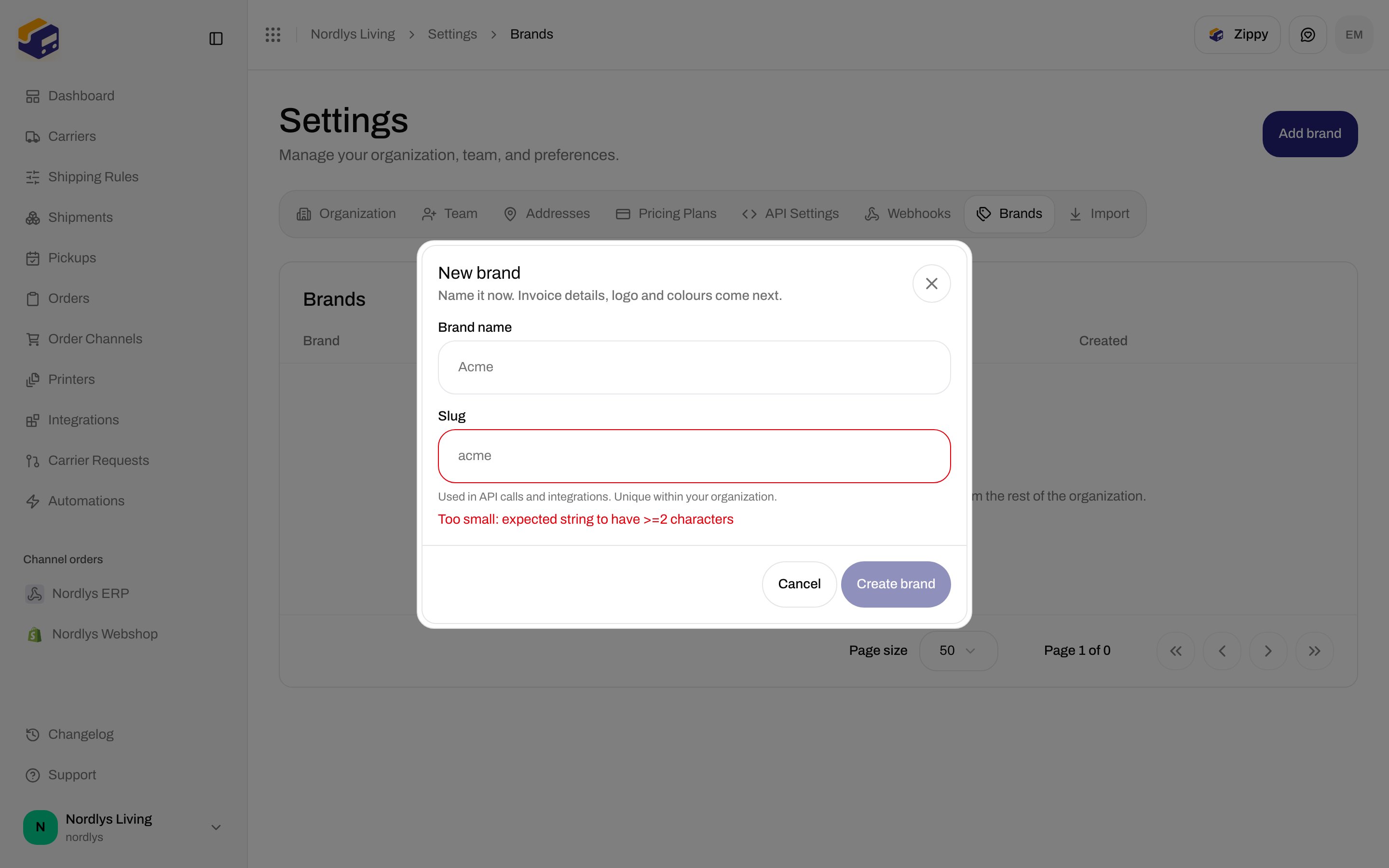 New brand dialog with Brand name and Slug fields