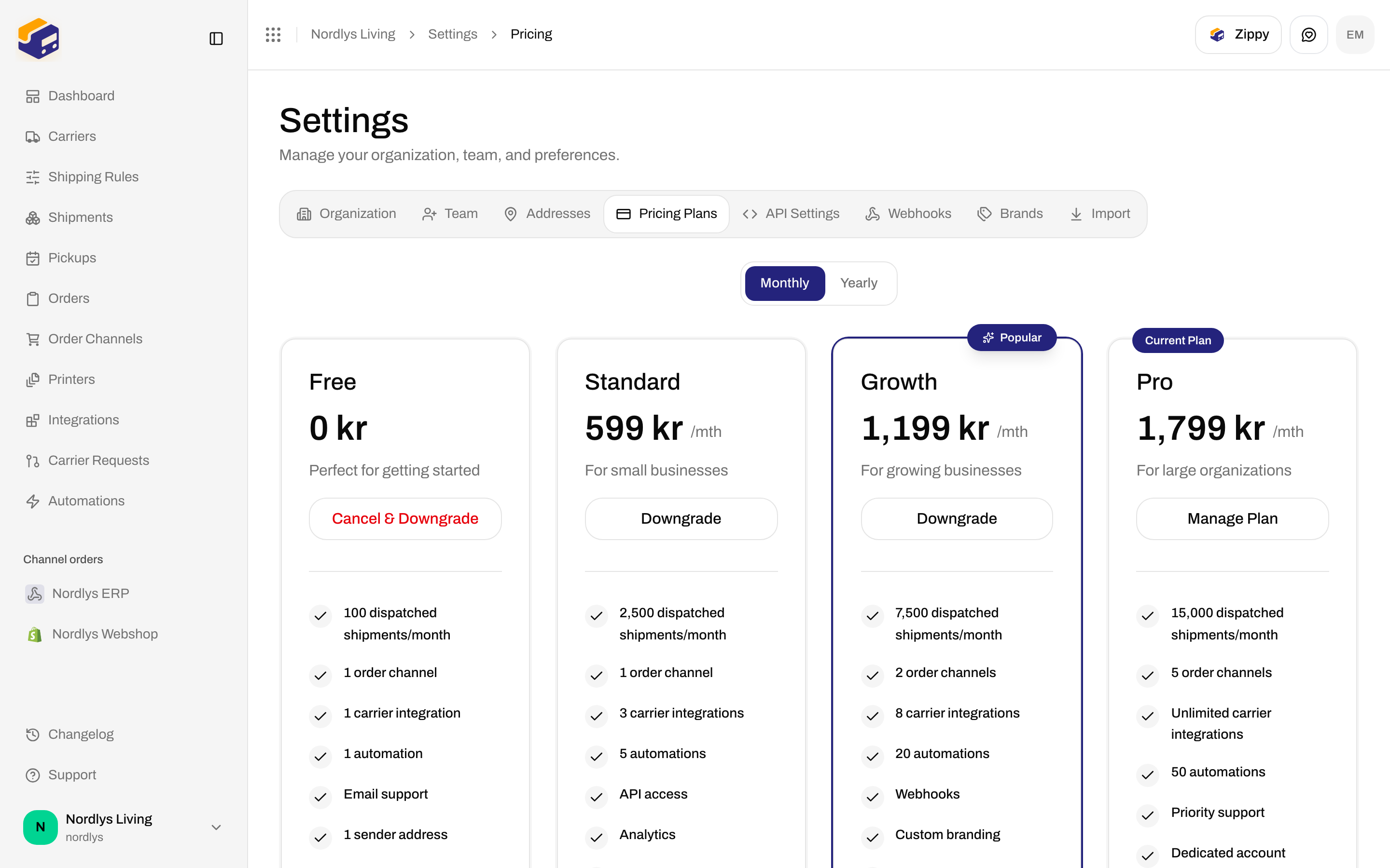 Pricing Plans grid with Monthly selected and Pro marked Current Plan