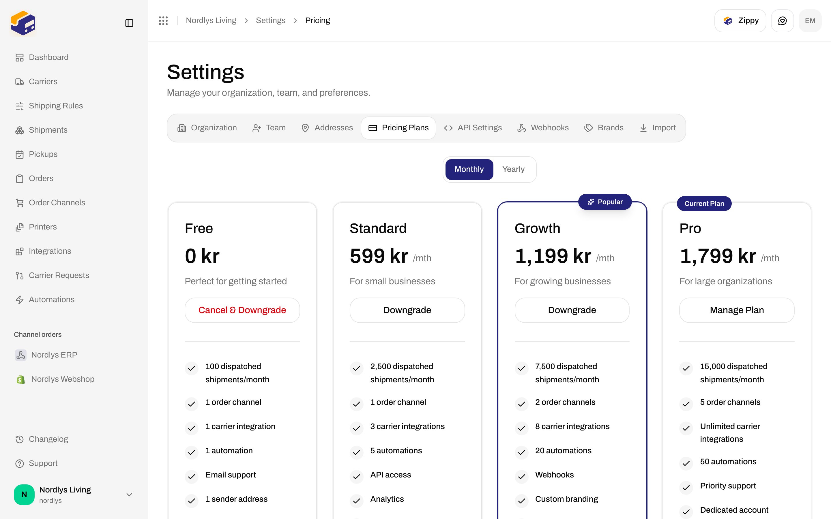 Pricing Plans grid with Monthly selected and Pro marked Current Plan