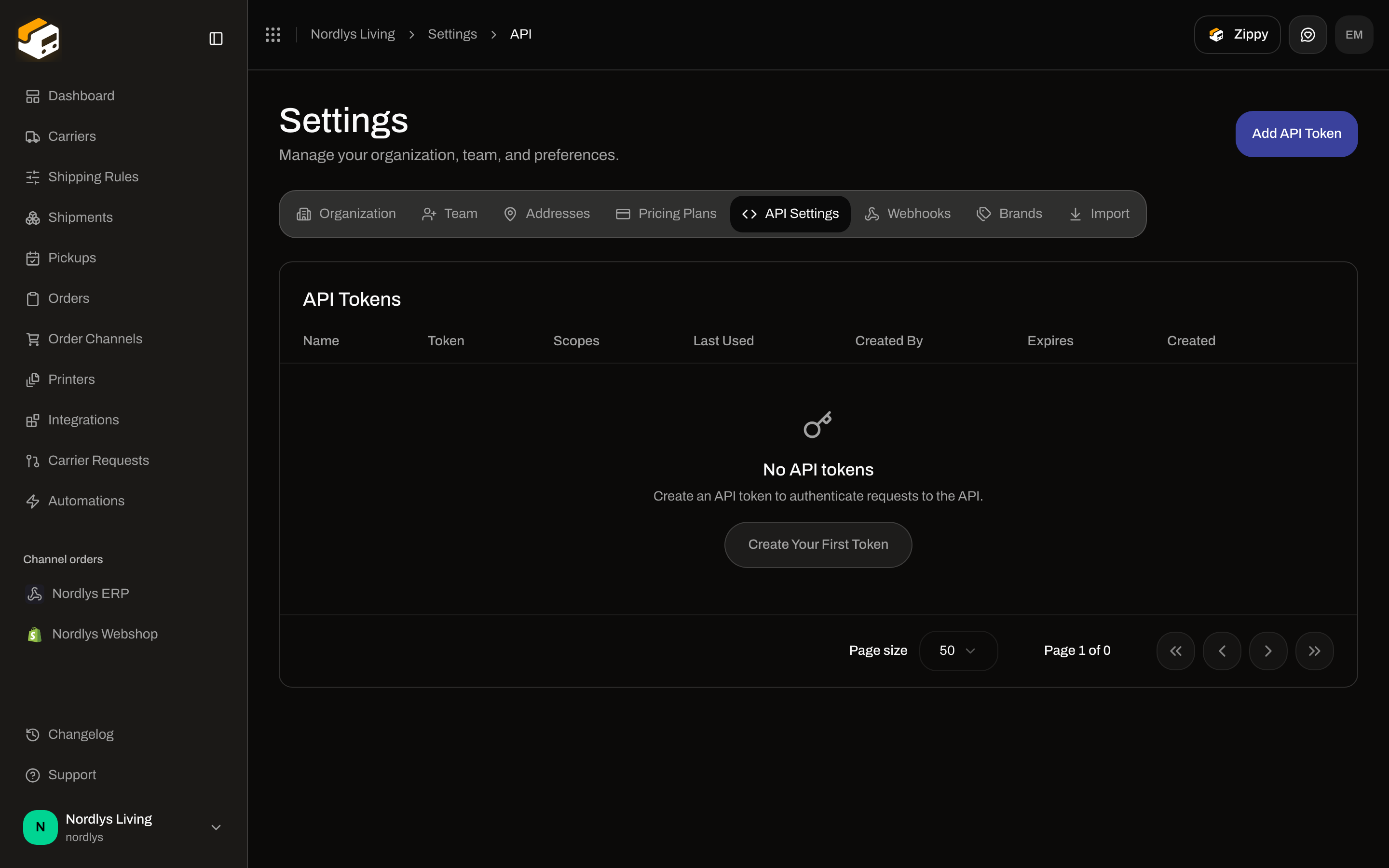 API Tokens empty state with Create Your First Token and Add API Token
