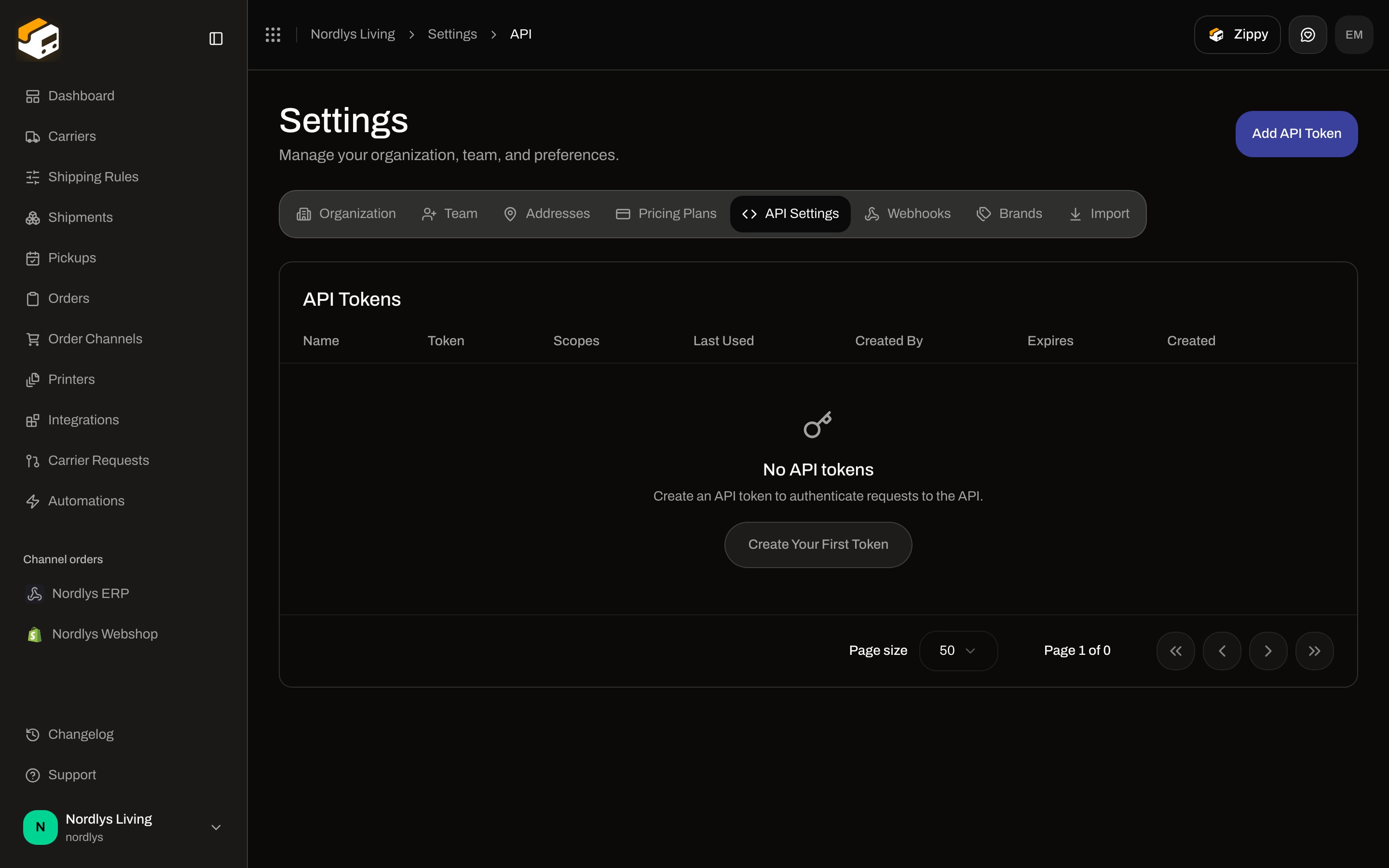 API Tokens empty state with Create Your First Token and Add API Token