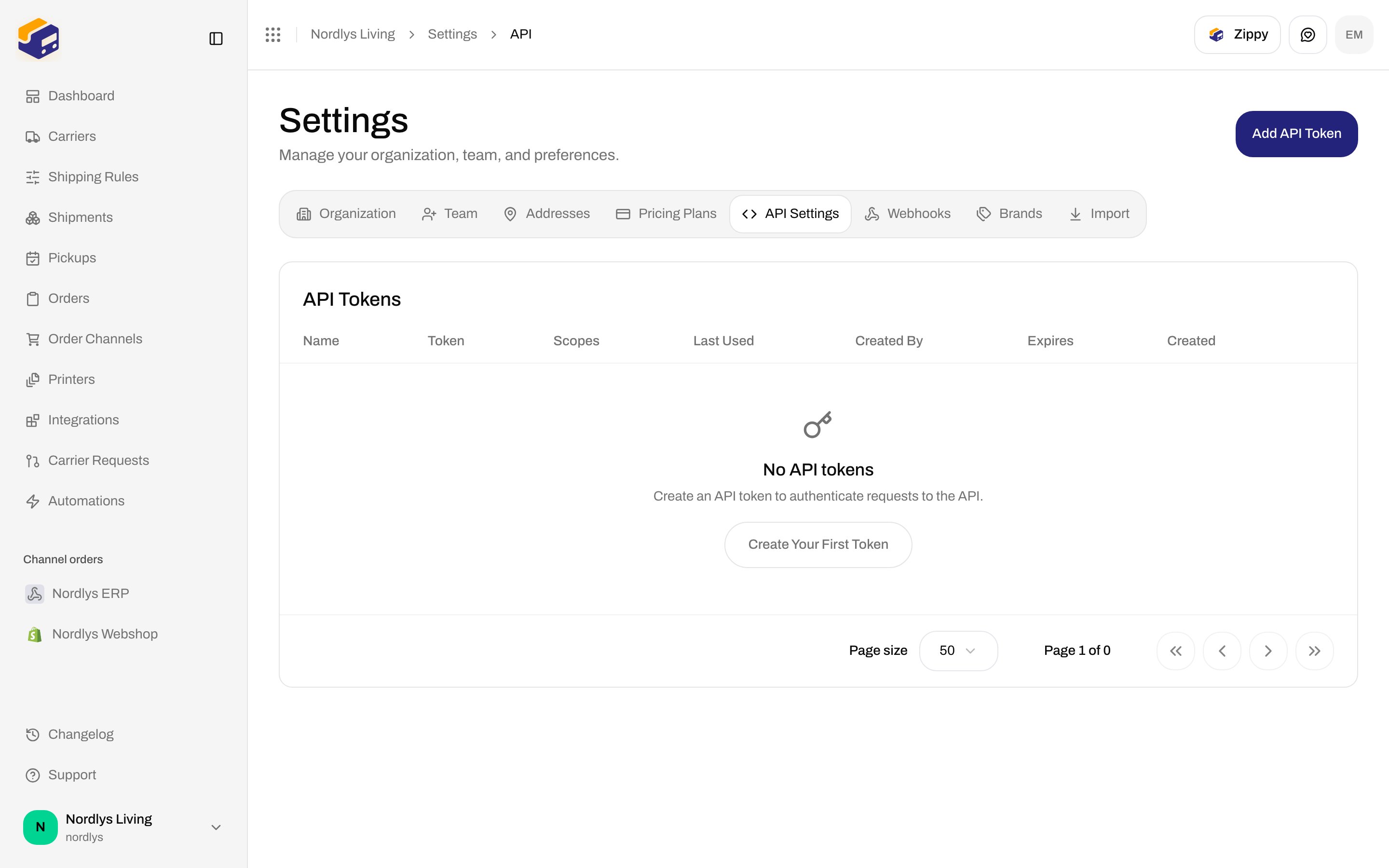 API Tokens empty state with Create Your First Token and Add API Token