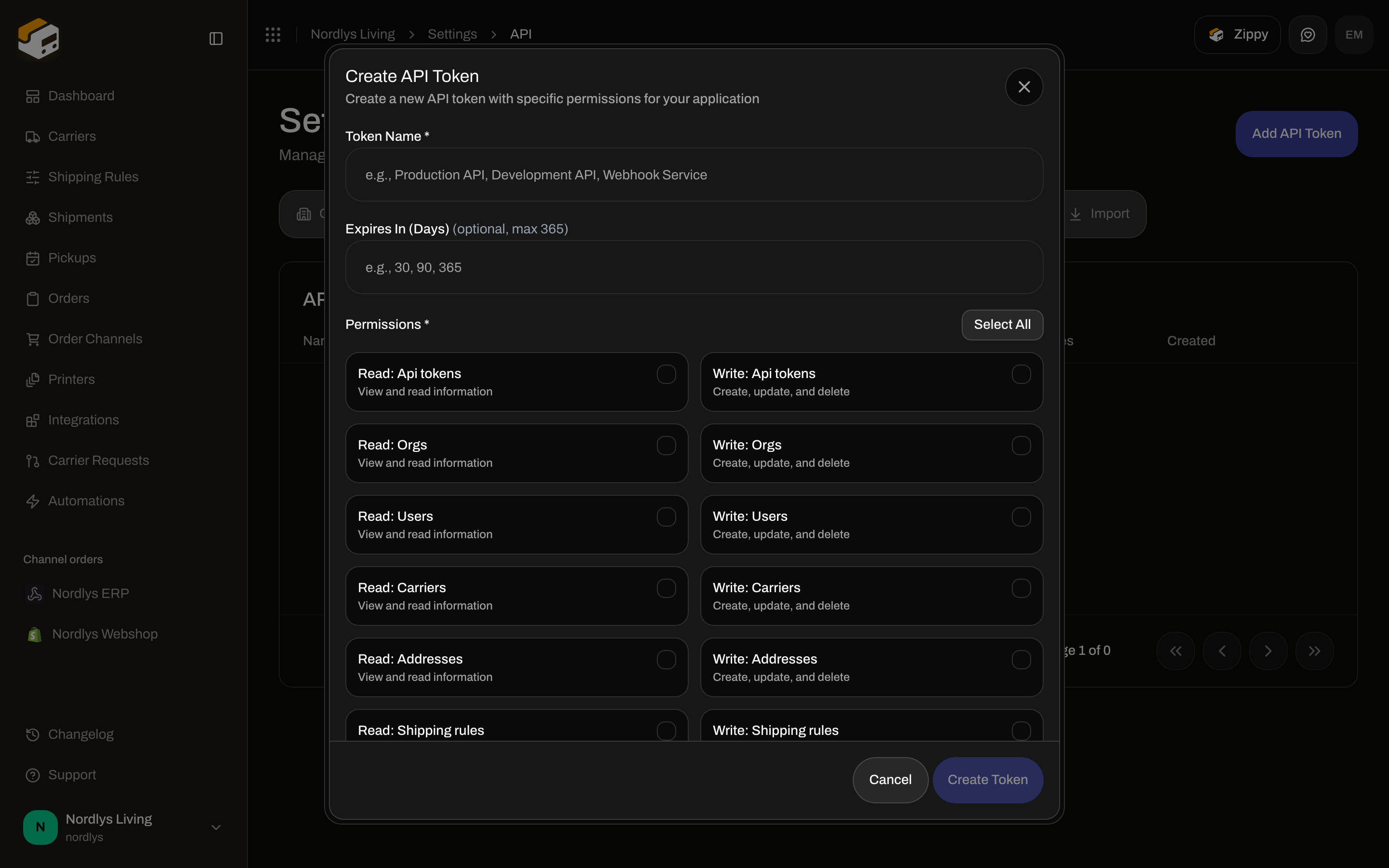 Create API Token dialog with Token Name, Expires In (Days), and permission toggles