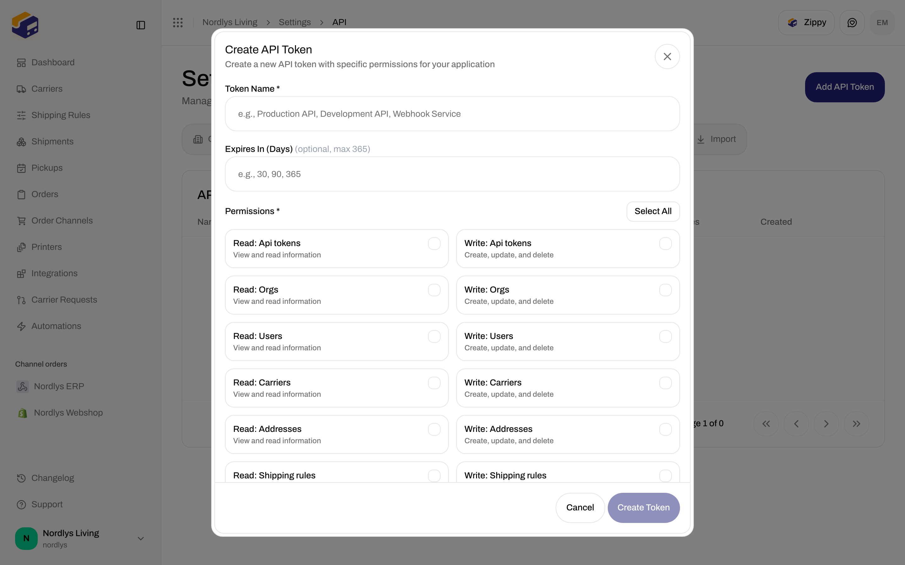 Create API Token dialog with Token Name, Expires In (Days), and permission toggles