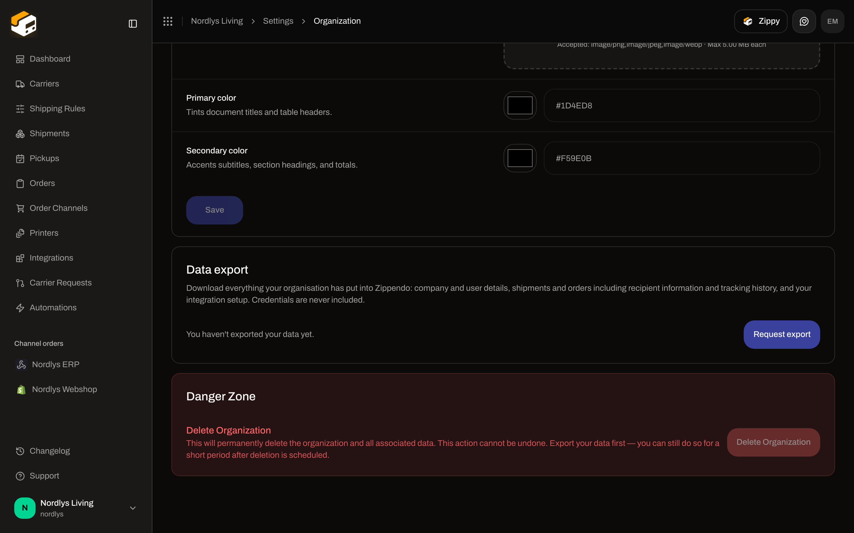 Organization Settings scrolled to Branding colors, Data export with Request export, and Danger Zone with Delete Organization disabled