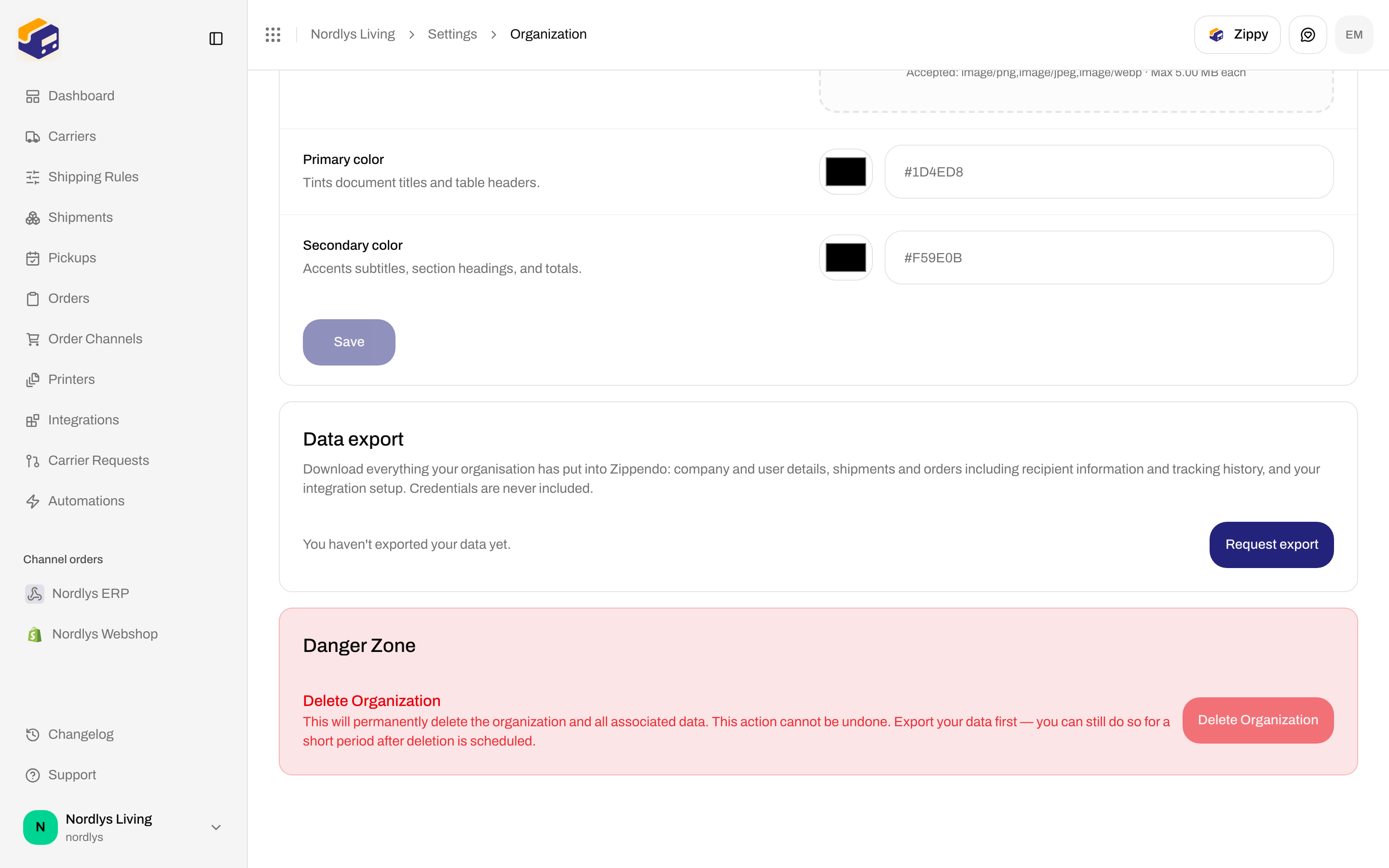 Organization Settings scrolled to Branding colors, Data export with Request export, and Danger Zone with Delete Organization disabled