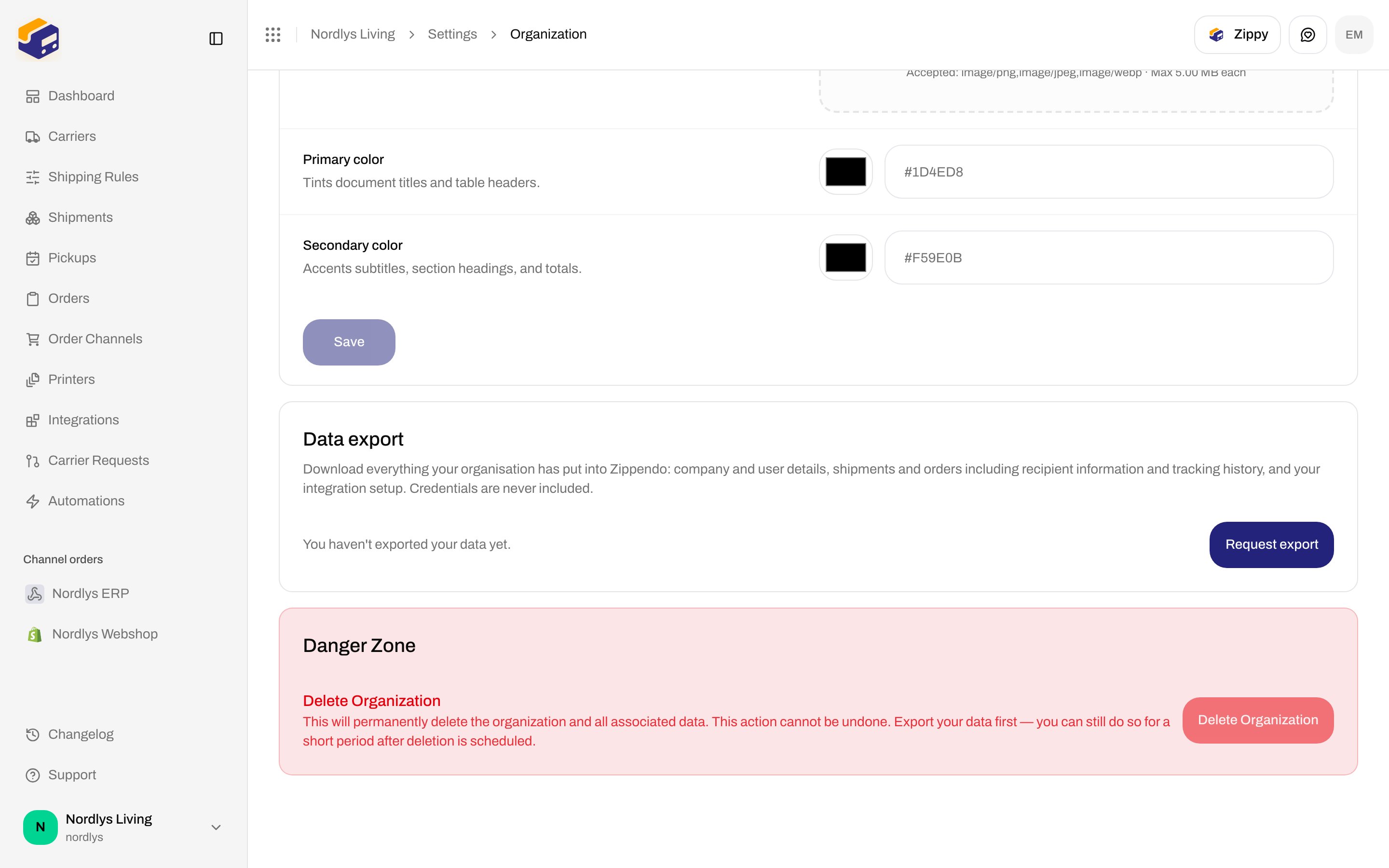 Organization Settings scrolled to Branding colors, Data export with Request export, and Danger Zone with Delete Organization disabled