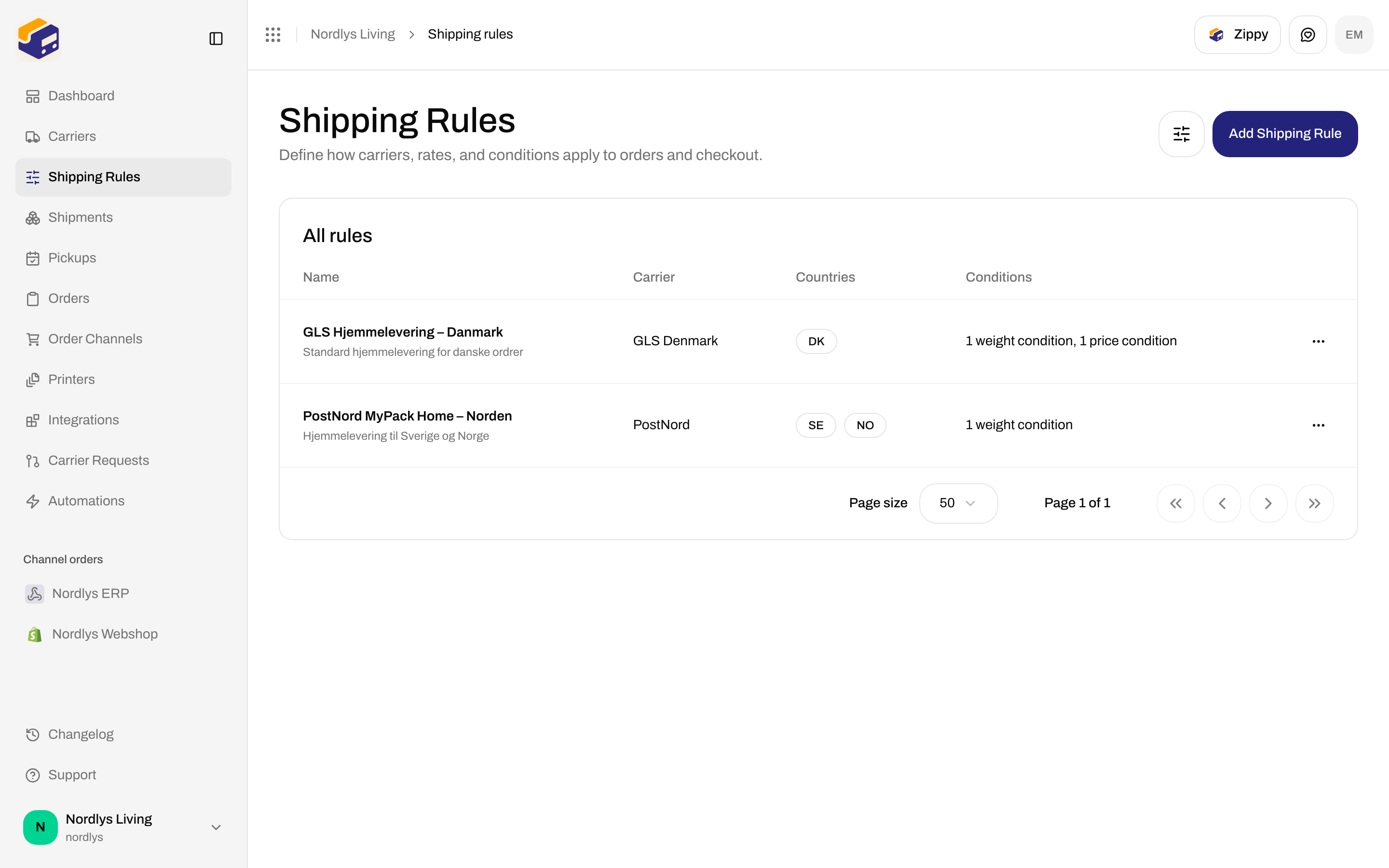 Shipping Rules list showing GLS Hjemmelevering for Denmark and PostNord MyPack Home for Sweden and Norway