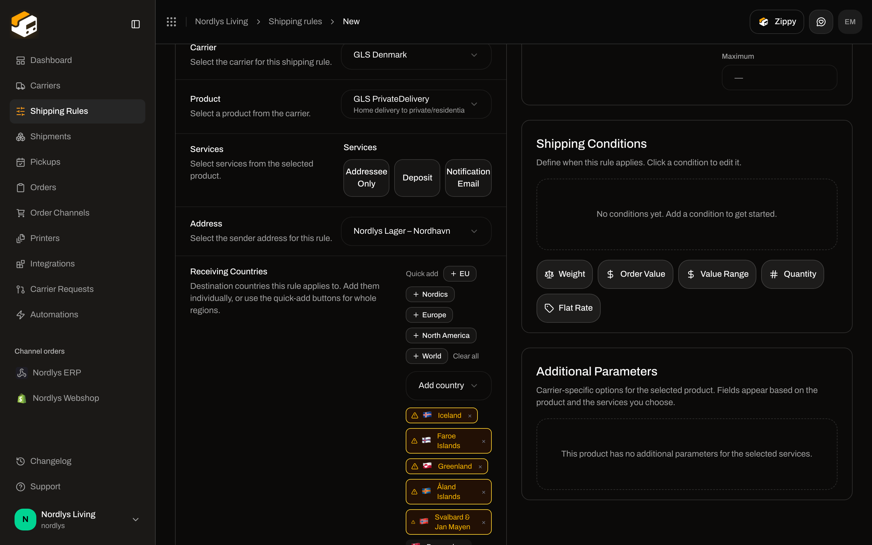 Create Shipping Rule form with carrier, product, services, sender address, and receiving countries filled in