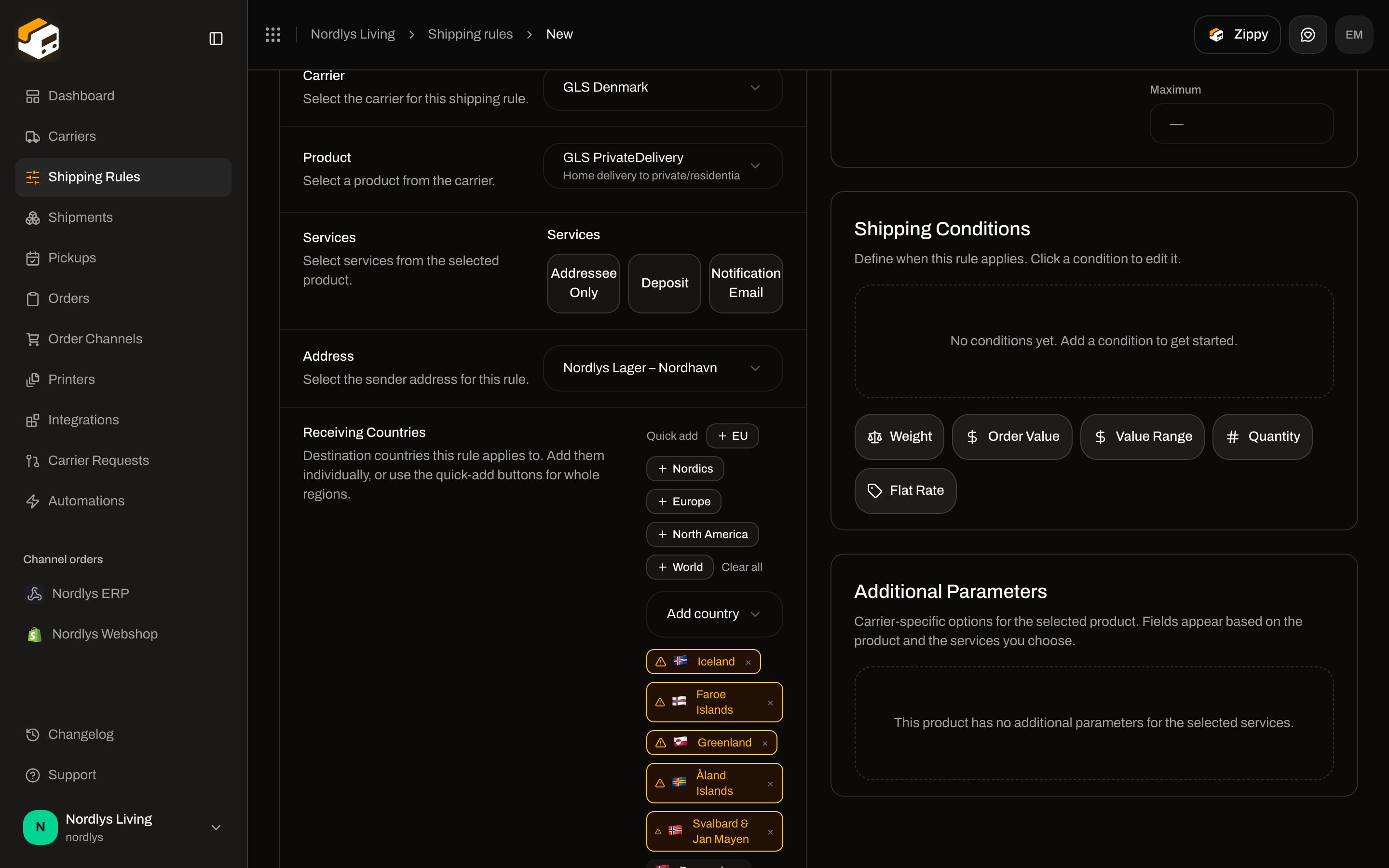Create Shipping Rule form with carrier, product, services, sender address, and receiving countries filled in