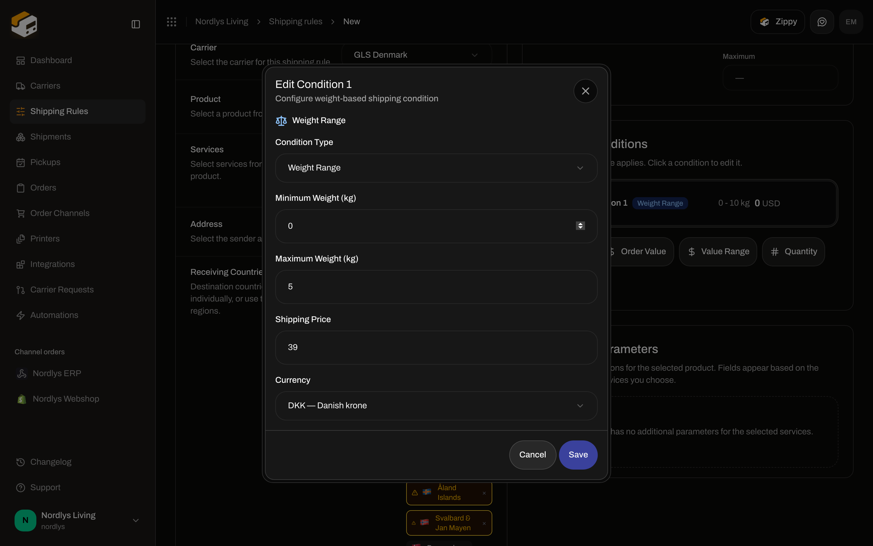 Edit Condition modal set to Weight Range with 0 to 5 kg and shipping price 39 DKK