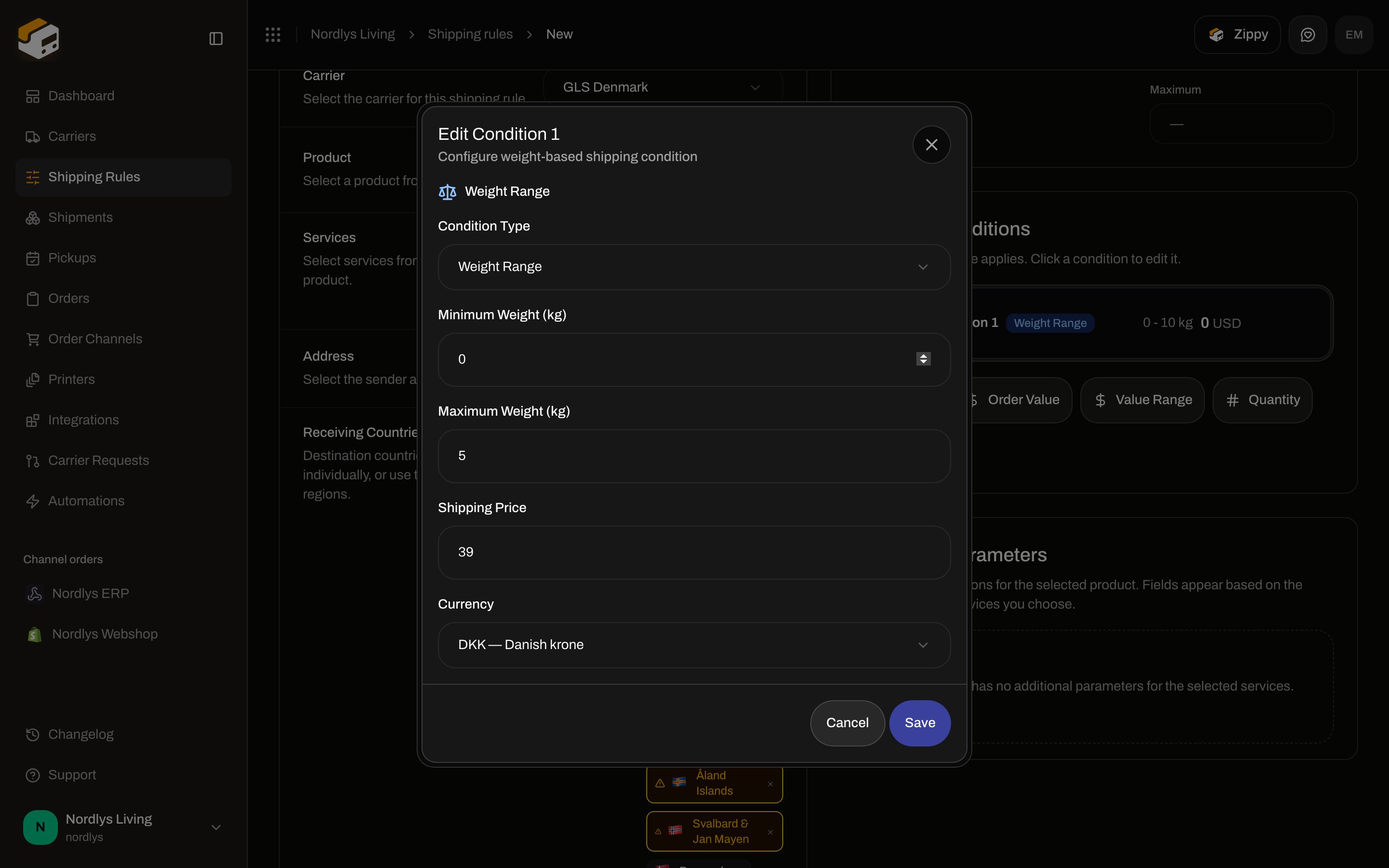 Edit Condition modal set to Weight Range with 0 to 5 kg and shipping price 39 DKK