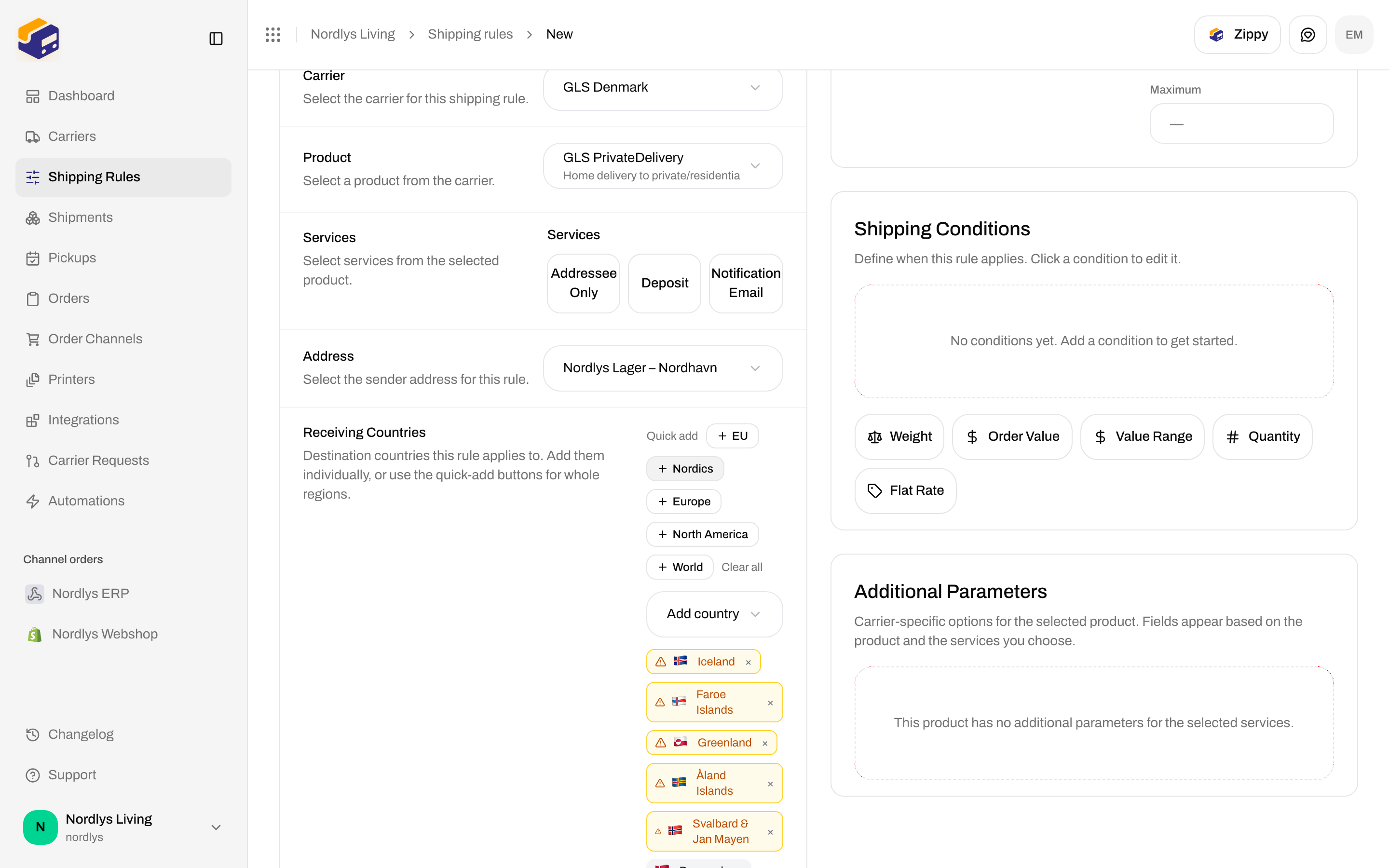 Receiving Countries section with Nordics quick-add selected and Nordic country chips listed