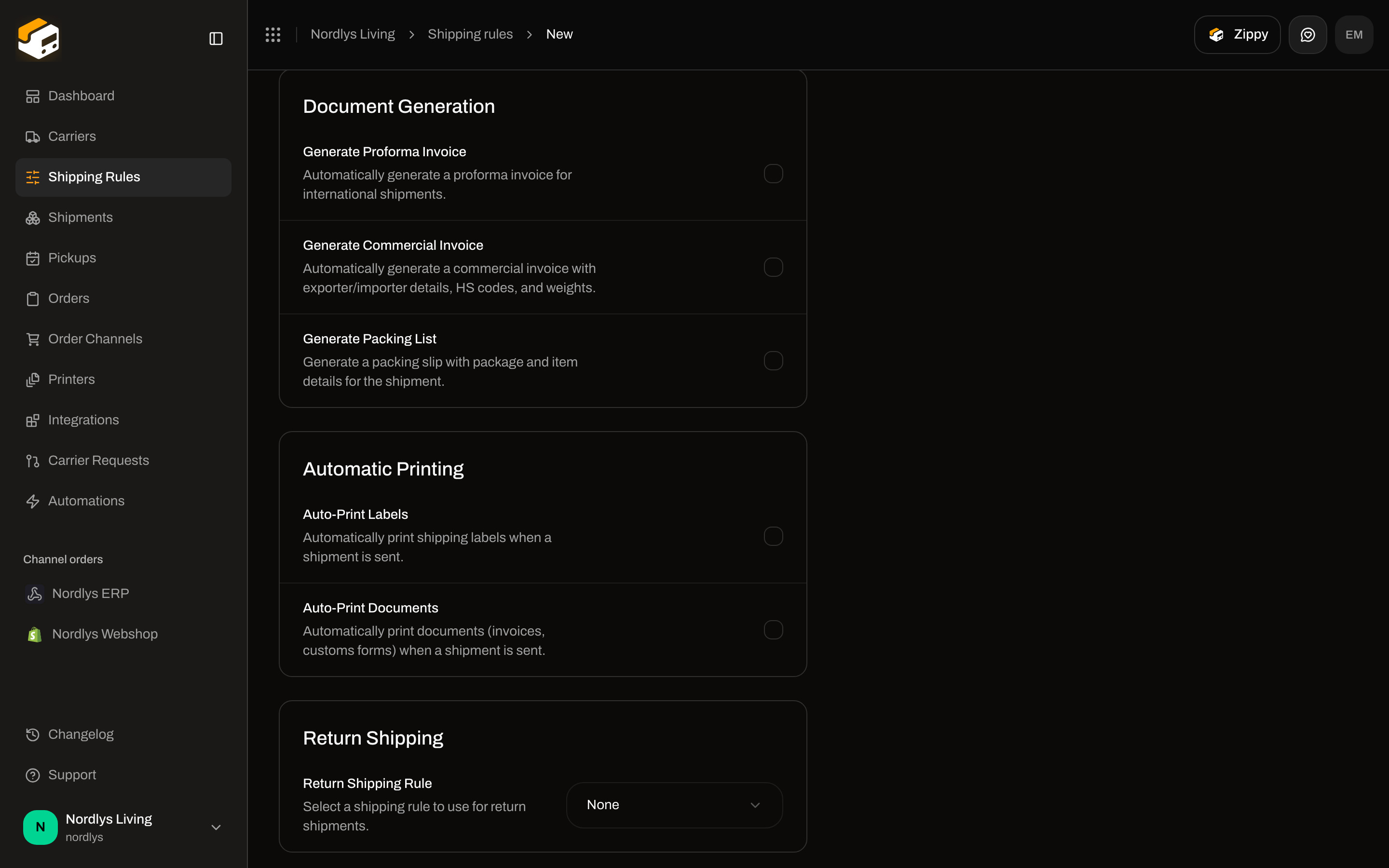 Document Generation checkboxes, Auto-Print Labels and Documents toggles, and Return Shipping Rule selector
