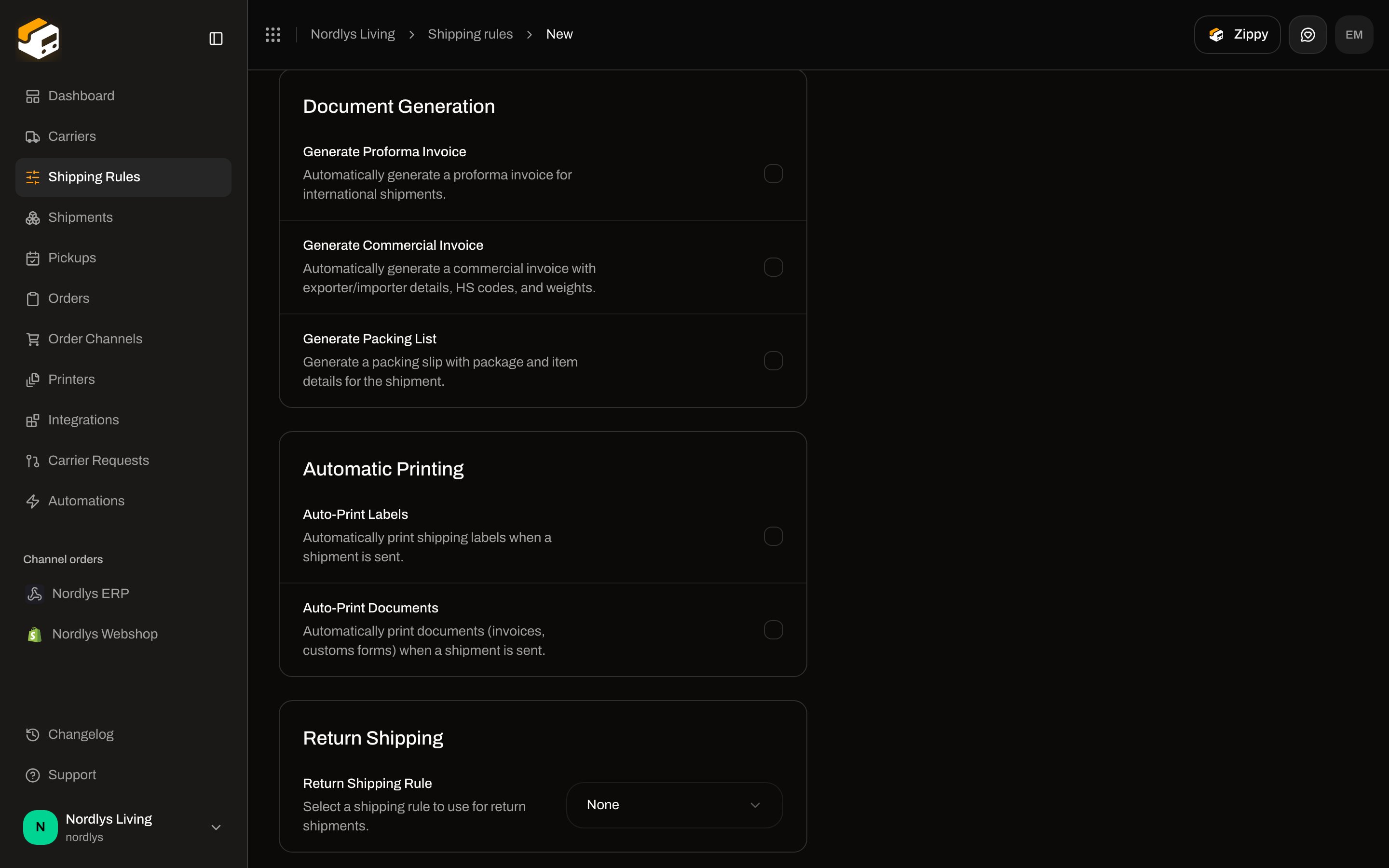 Document Generation checkboxes, Auto-Print Labels and Documents toggles, and Return Shipping Rule selector