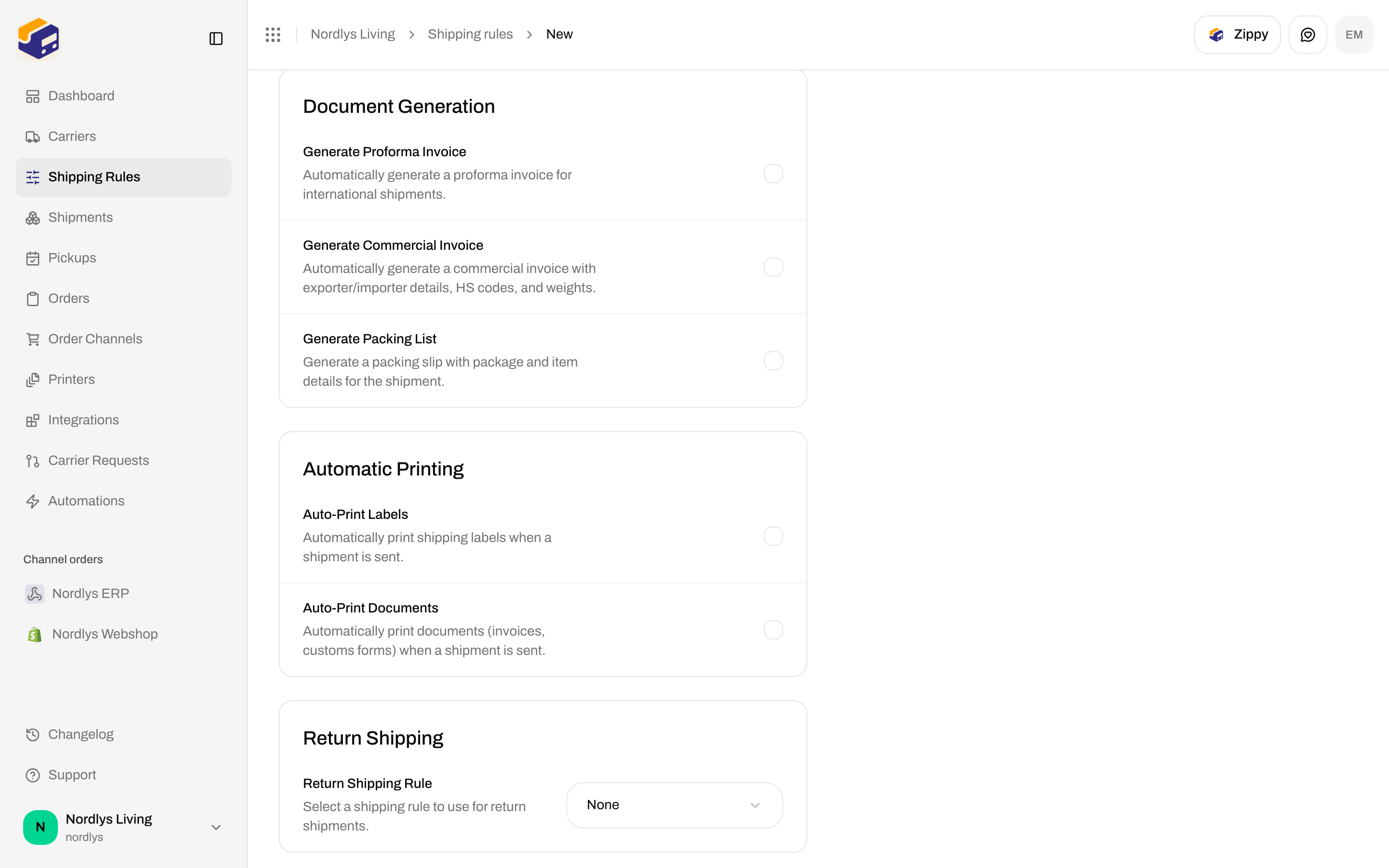 Document Generation checkboxes, Auto-Print Labels and Documents toggles, and Return Shipping Rule selector