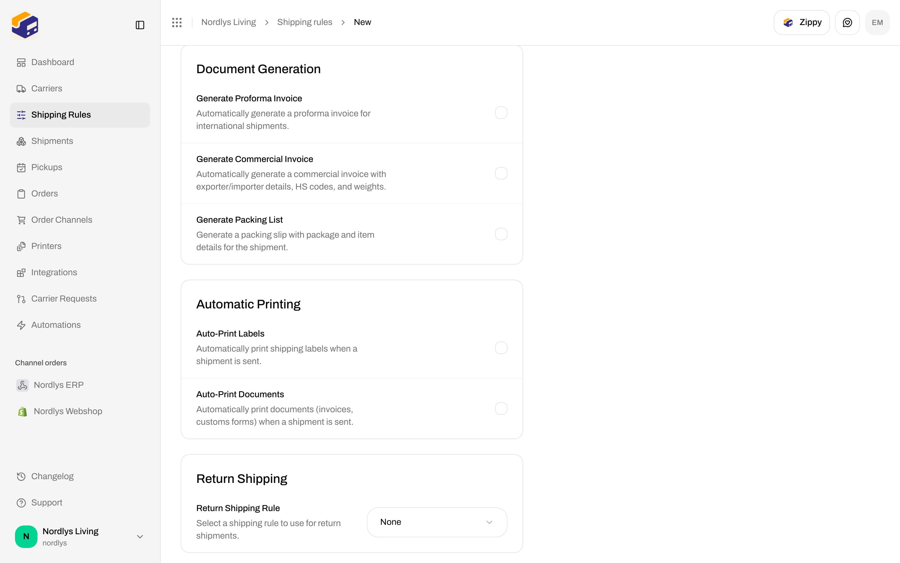 Document Generation checkboxes, Auto-Print Labels and Documents toggles, and Return Shipping Rule selector