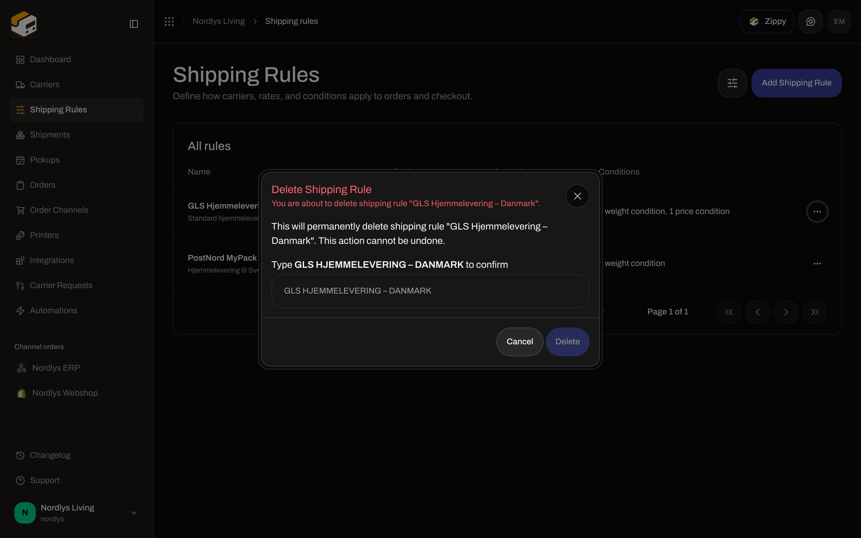 Delete Shipping Rule modal asking to type GLS HJEMMELEVERING – DANMARK to confirm