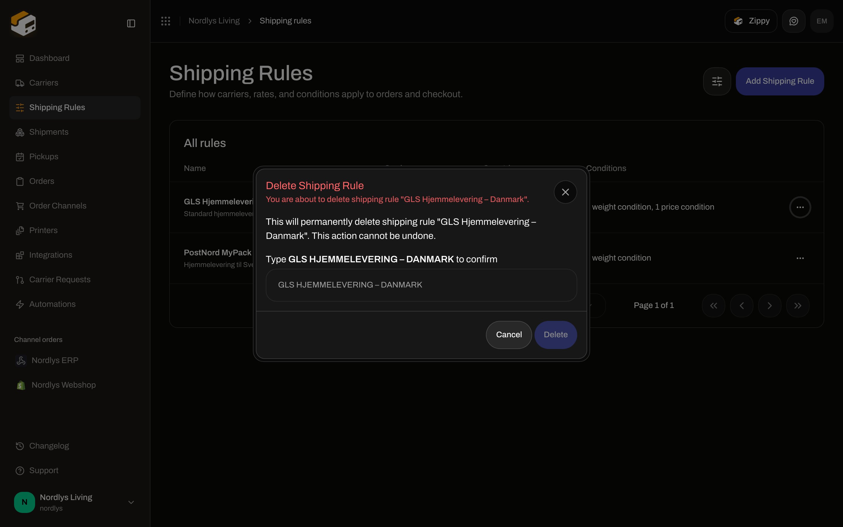 Delete Shipping Rule modal asking to type GLS HJEMMELEVERING – DANMARK to confirm