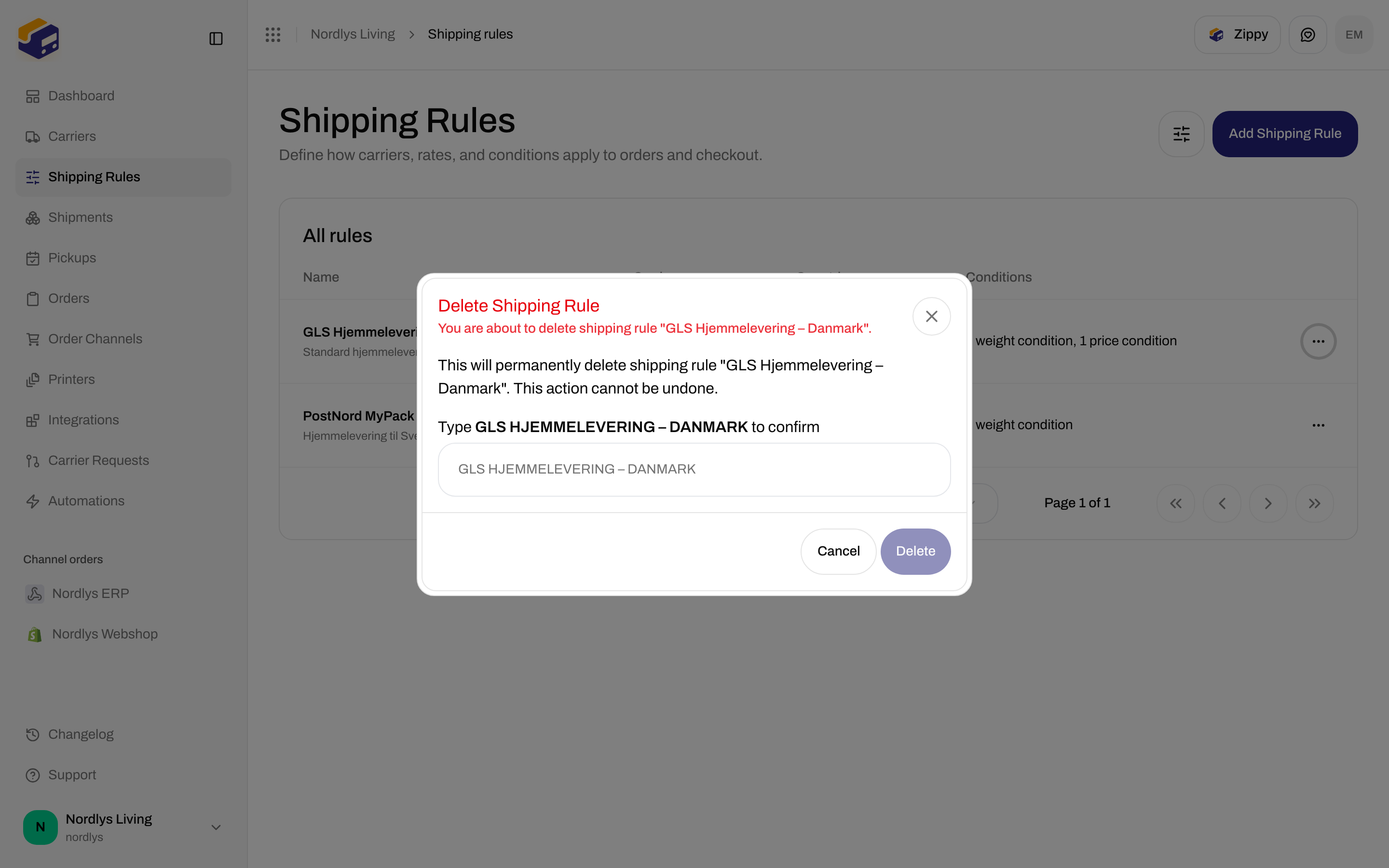 Delete Shipping Rule modal asking to type GLS HJEMMELEVERING – DANMARK to confirm