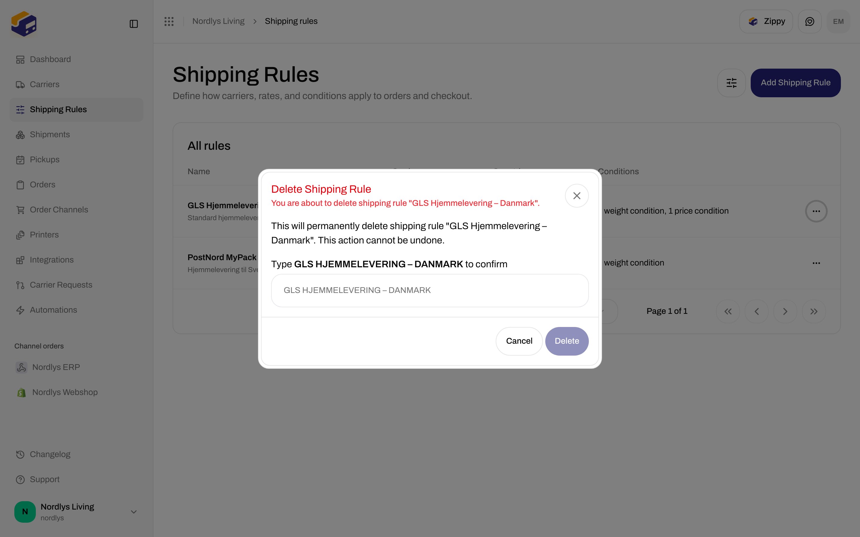 Delete Shipping Rule modal asking to type GLS HJEMMELEVERING – DANMARK to confirm