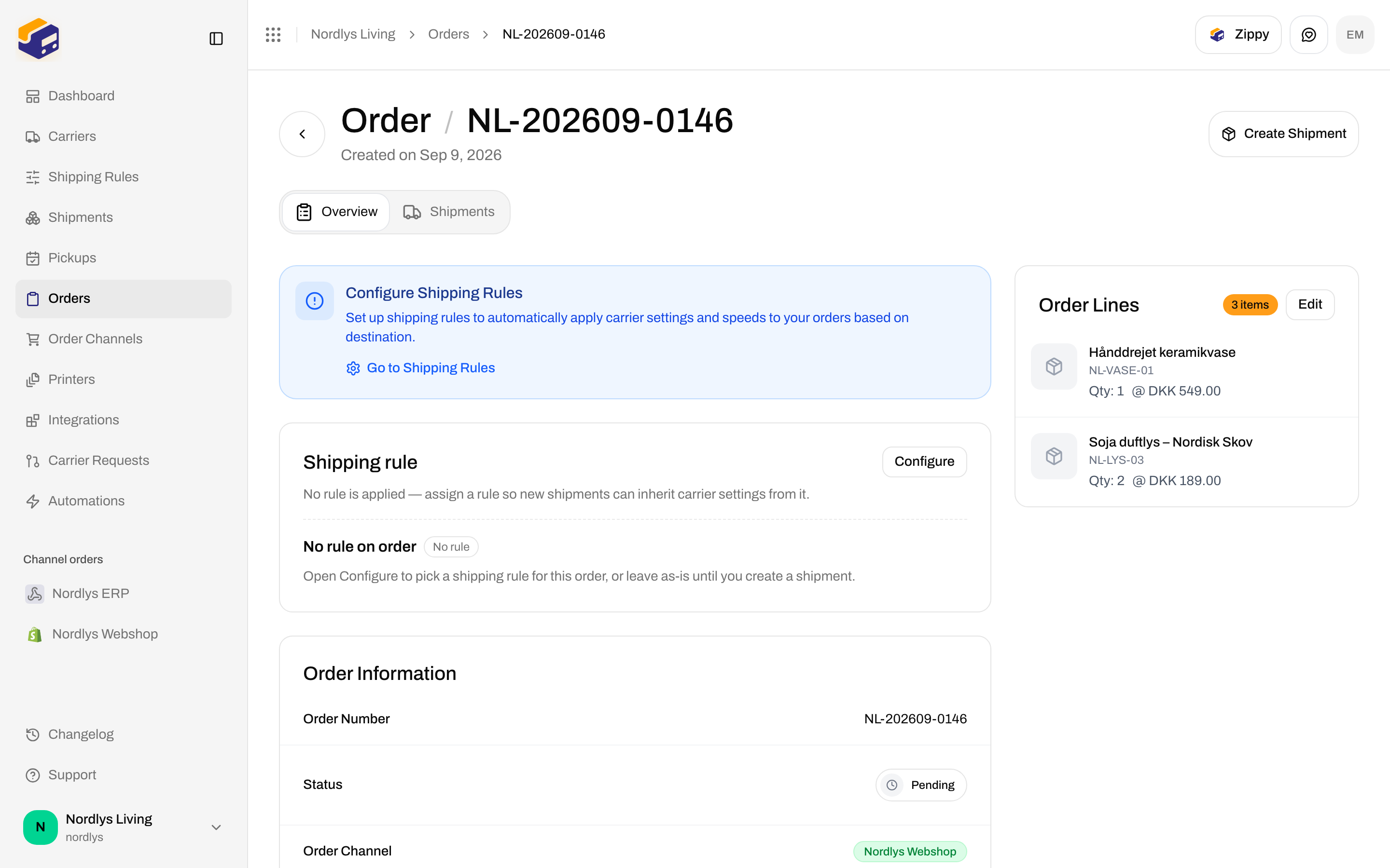Order detail with a Configure Shipping Rules prompt and a Shipping rule card showing no rule on order