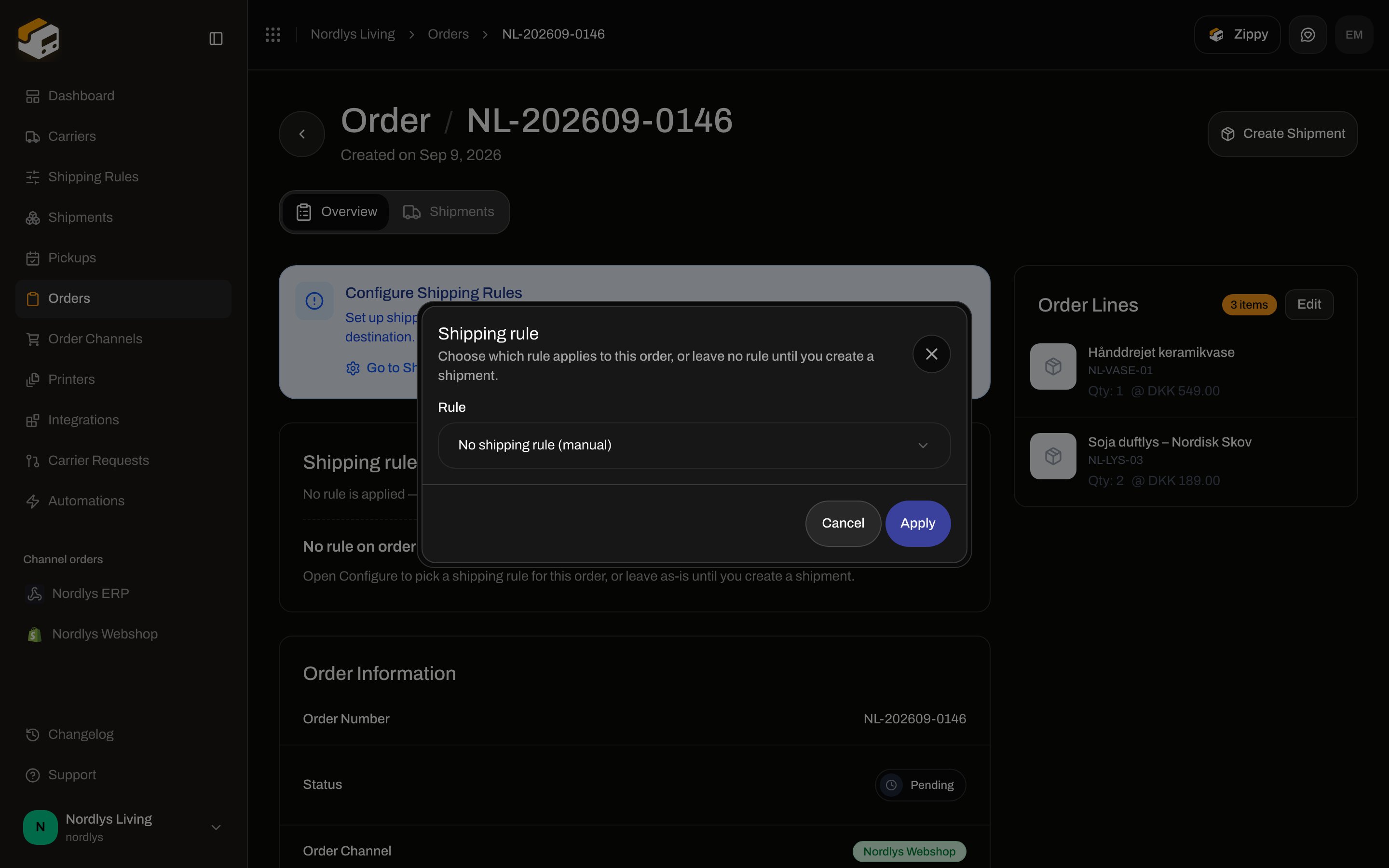 Shipping rule modal on an order with the rule dropdown set to No shipping rule (manual)