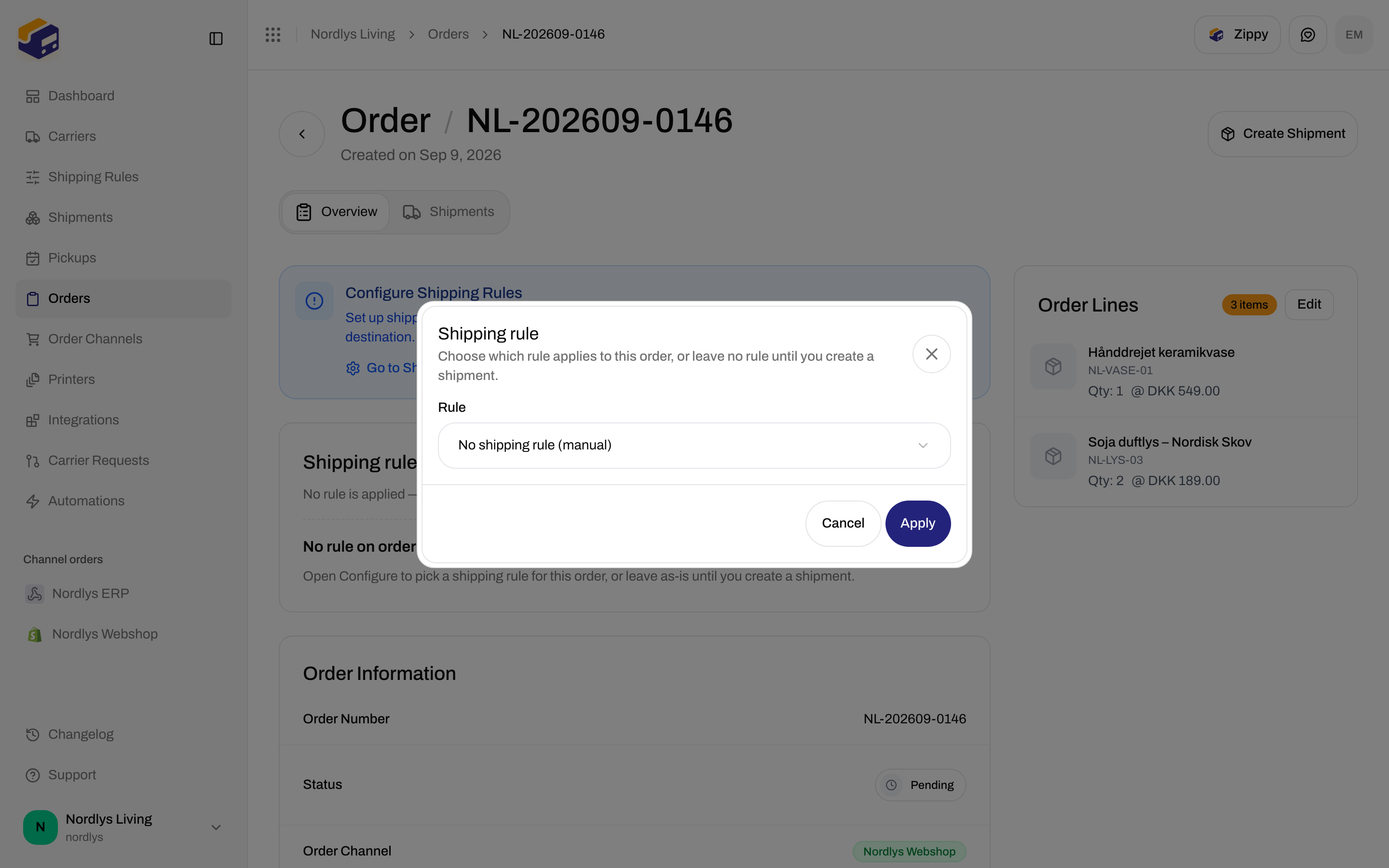 Shipping rule modal on an order with the rule dropdown set to No shipping rule (manual)