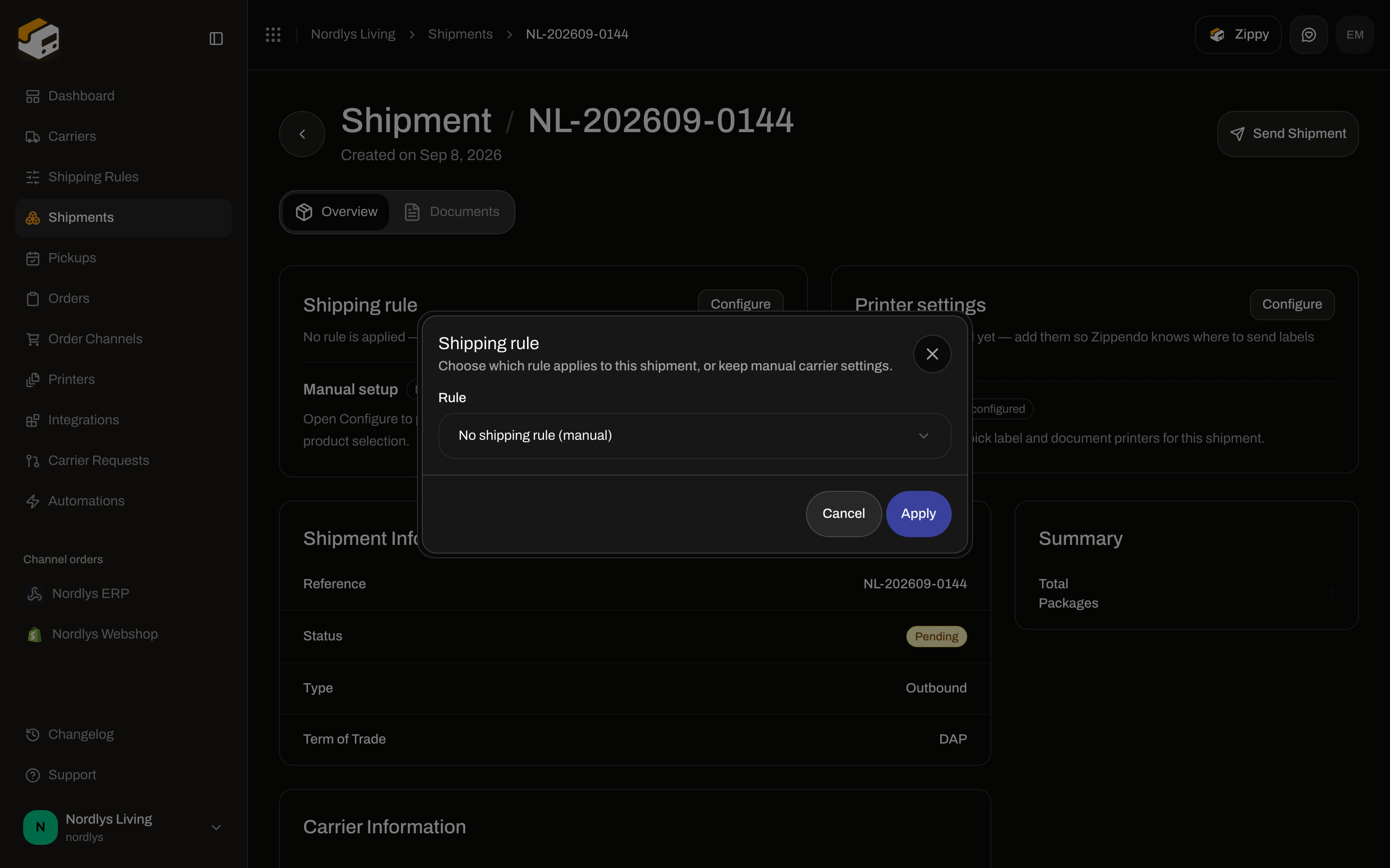 Shipping rule modal on a shipment with Apply and a rule dropdown