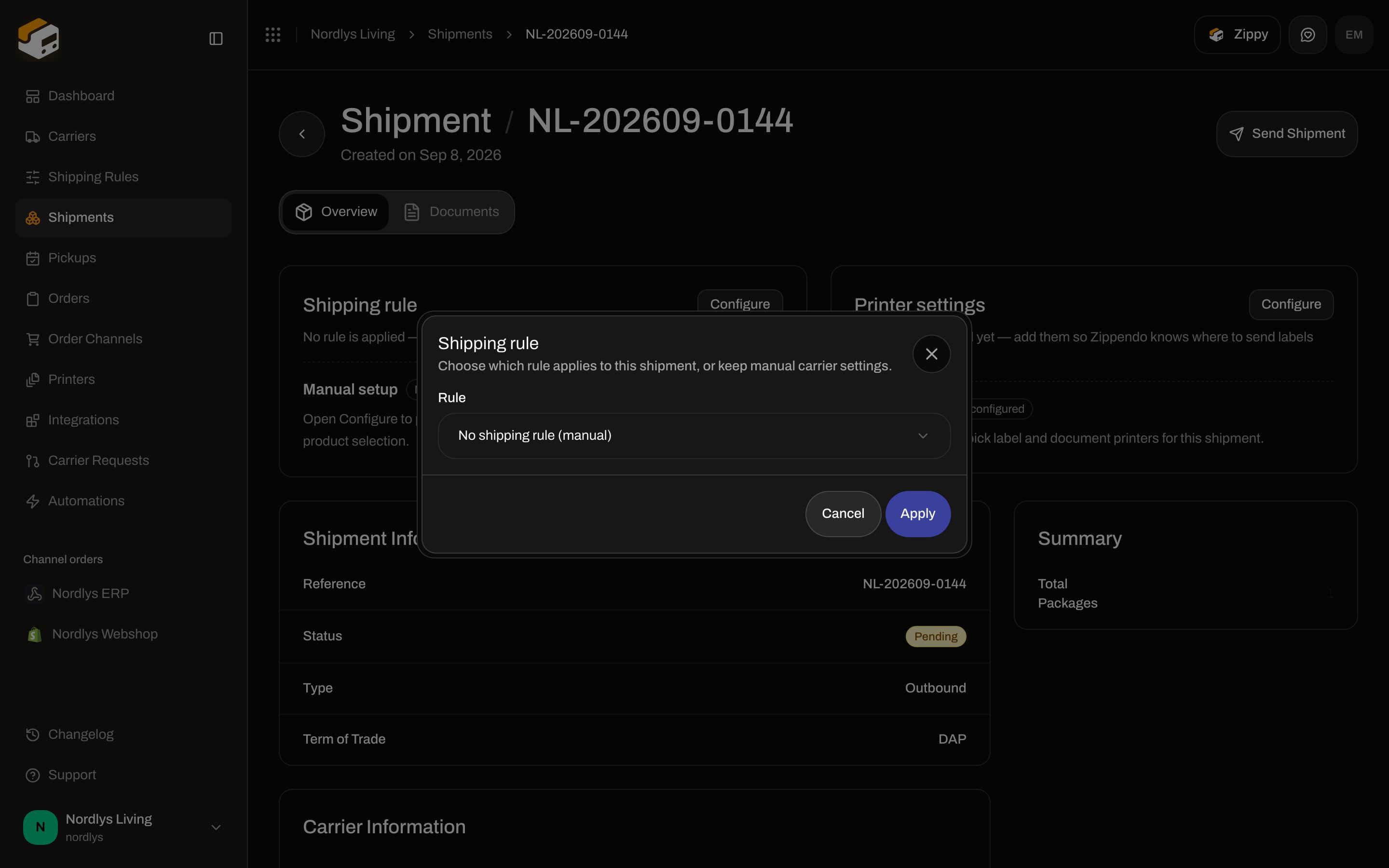 Shipping rule modal on a shipment with Apply and a rule dropdown