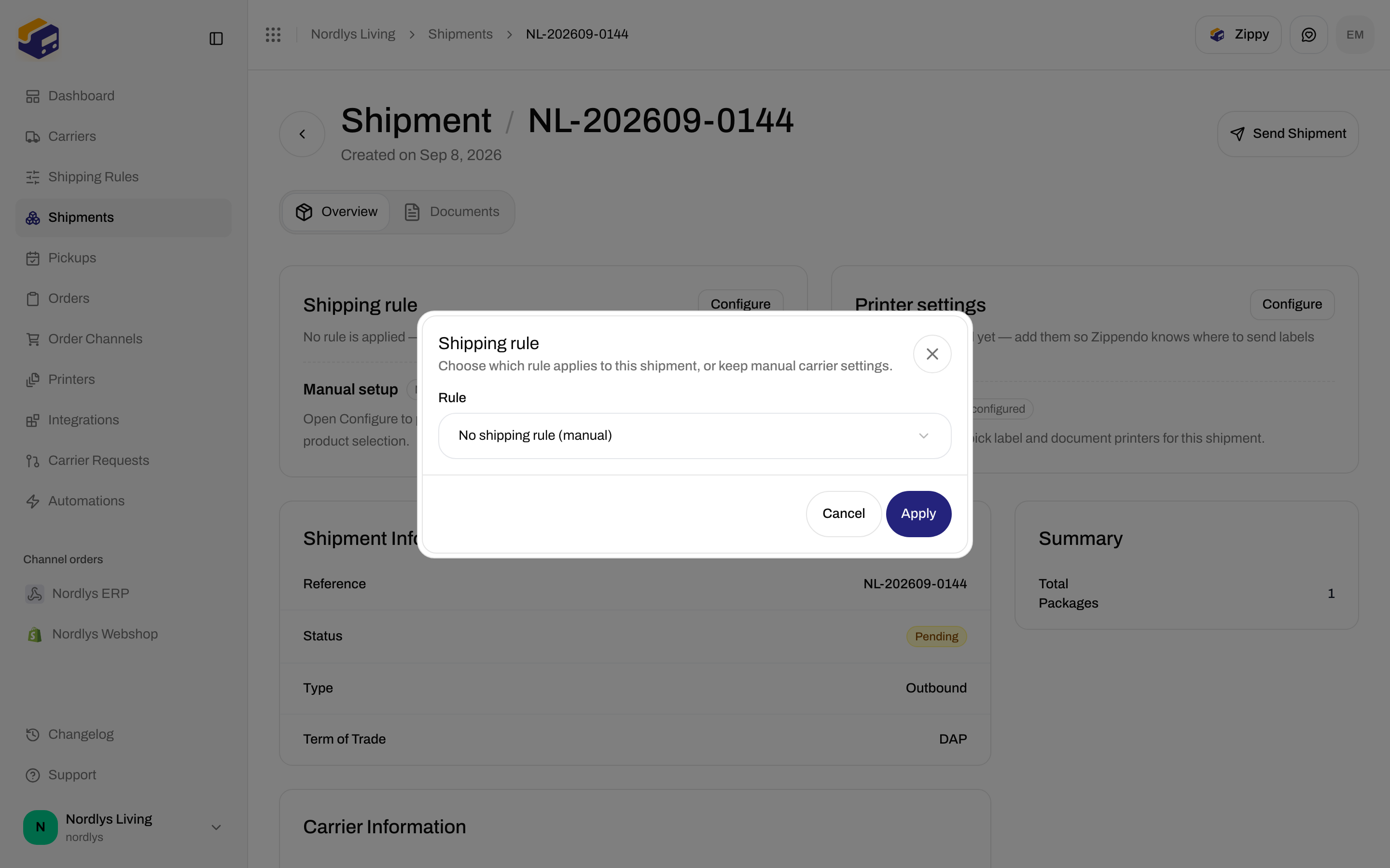 Shipping rule modal on a shipment with Apply and a rule dropdown