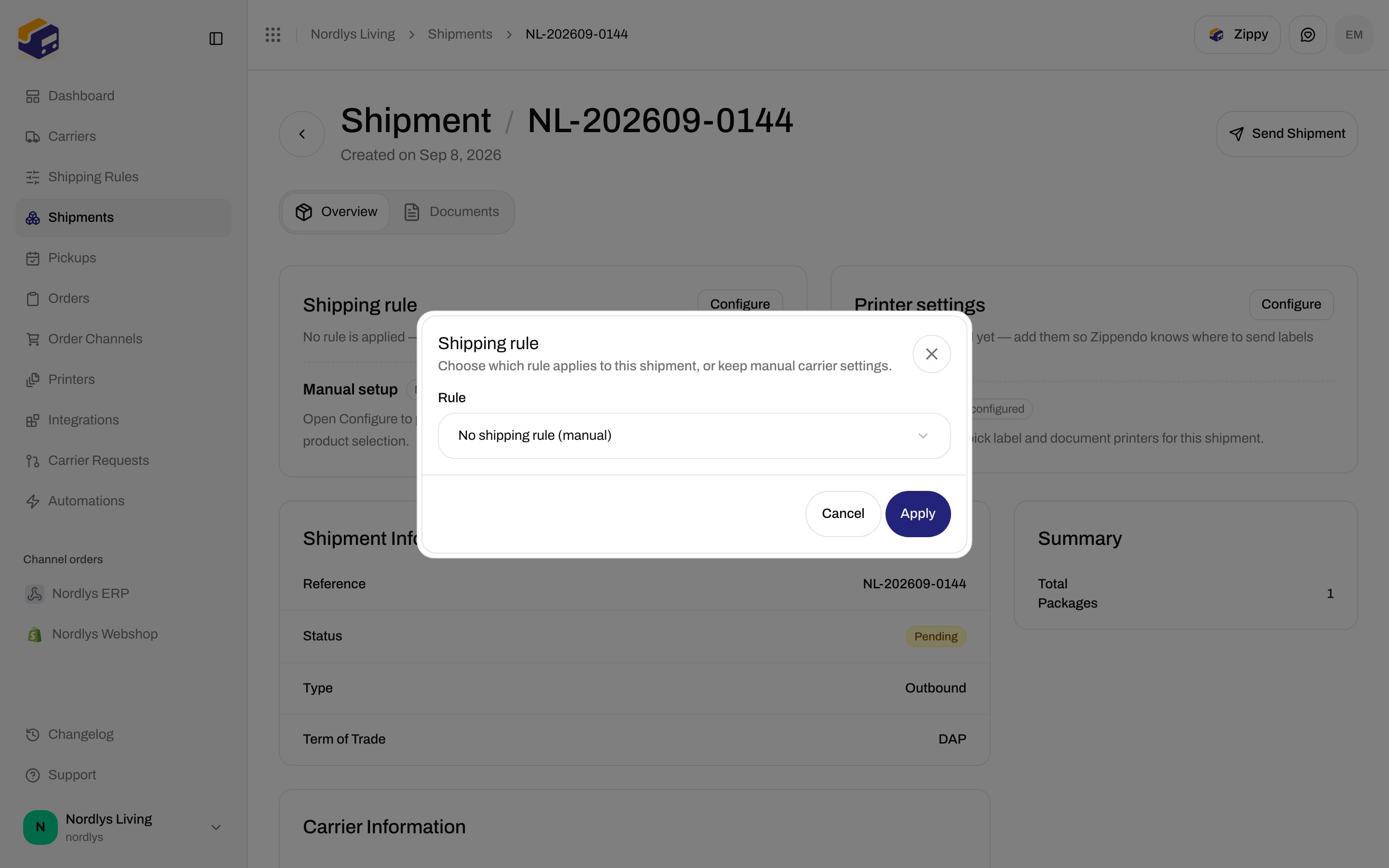 Shipping rule modal on a shipment with Apply and a rule dropdown