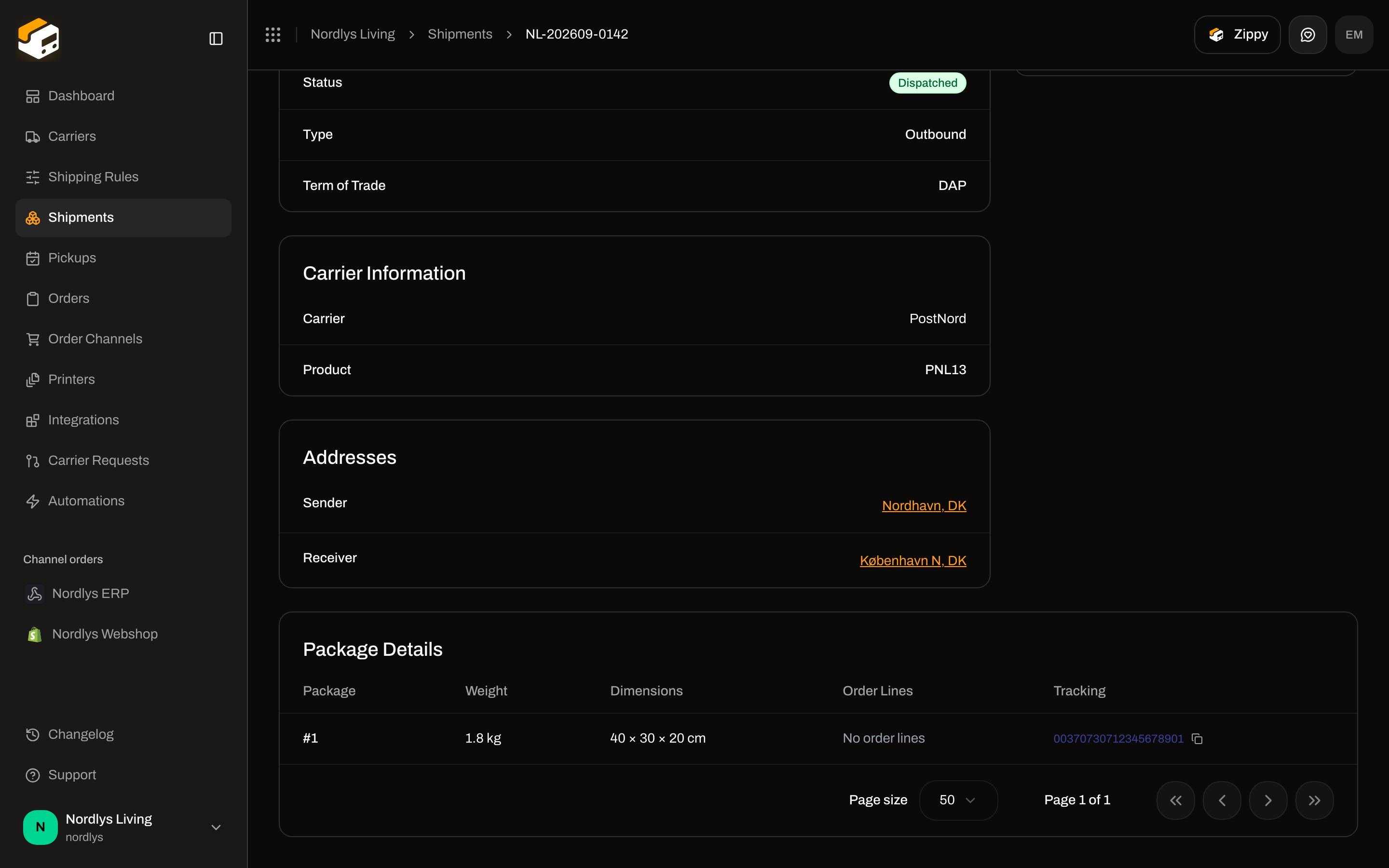 Shipment overview Package Details table with a tracking number in the Tracking column