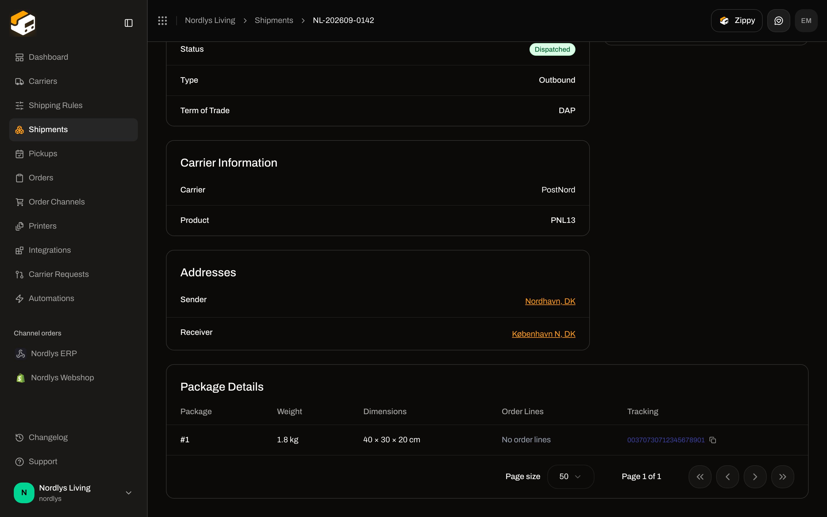 Shipment overview Package Details table with a tracking number in the Tracking column