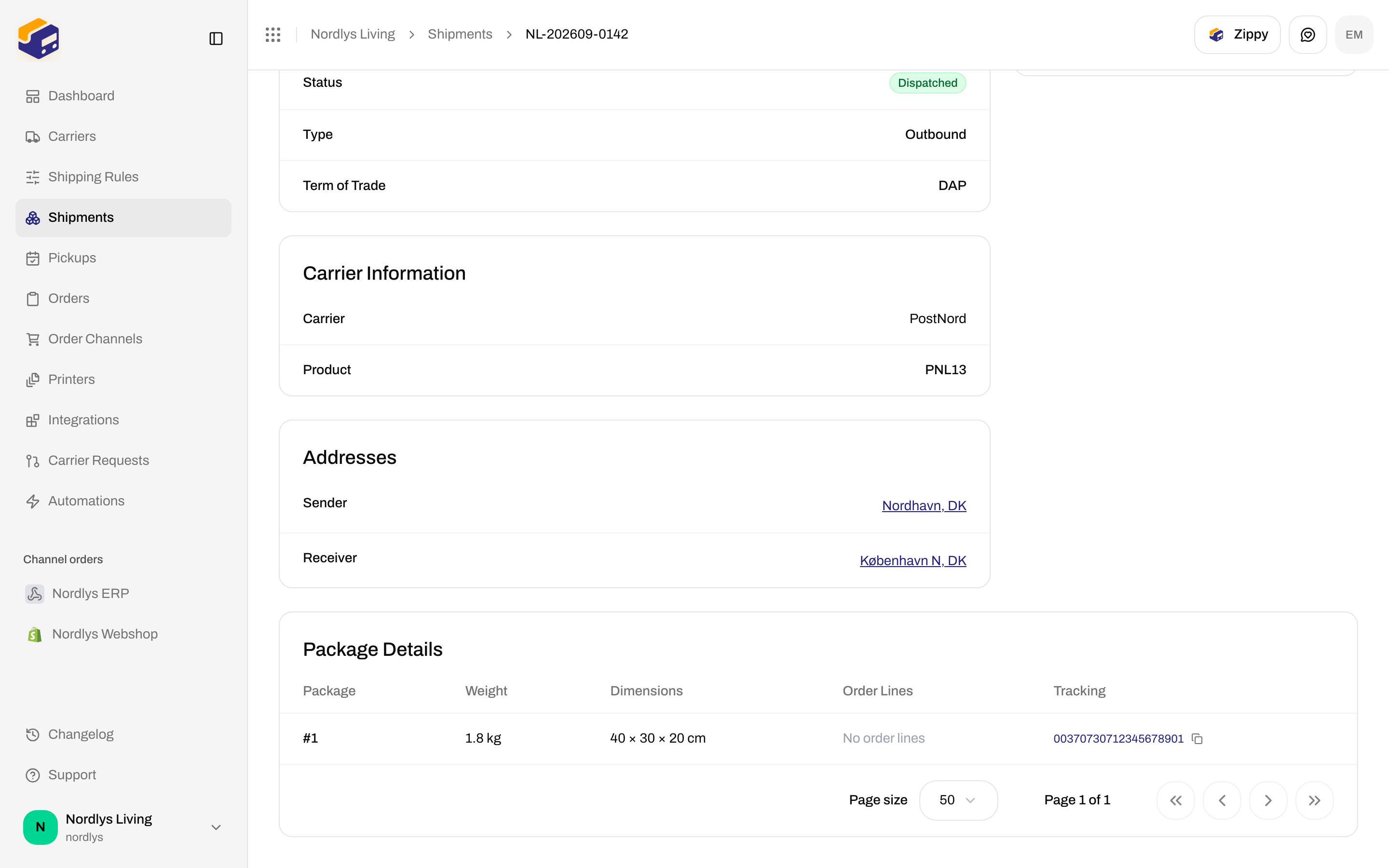Shipment overview Package Details table with a tracking number in the Tracking column