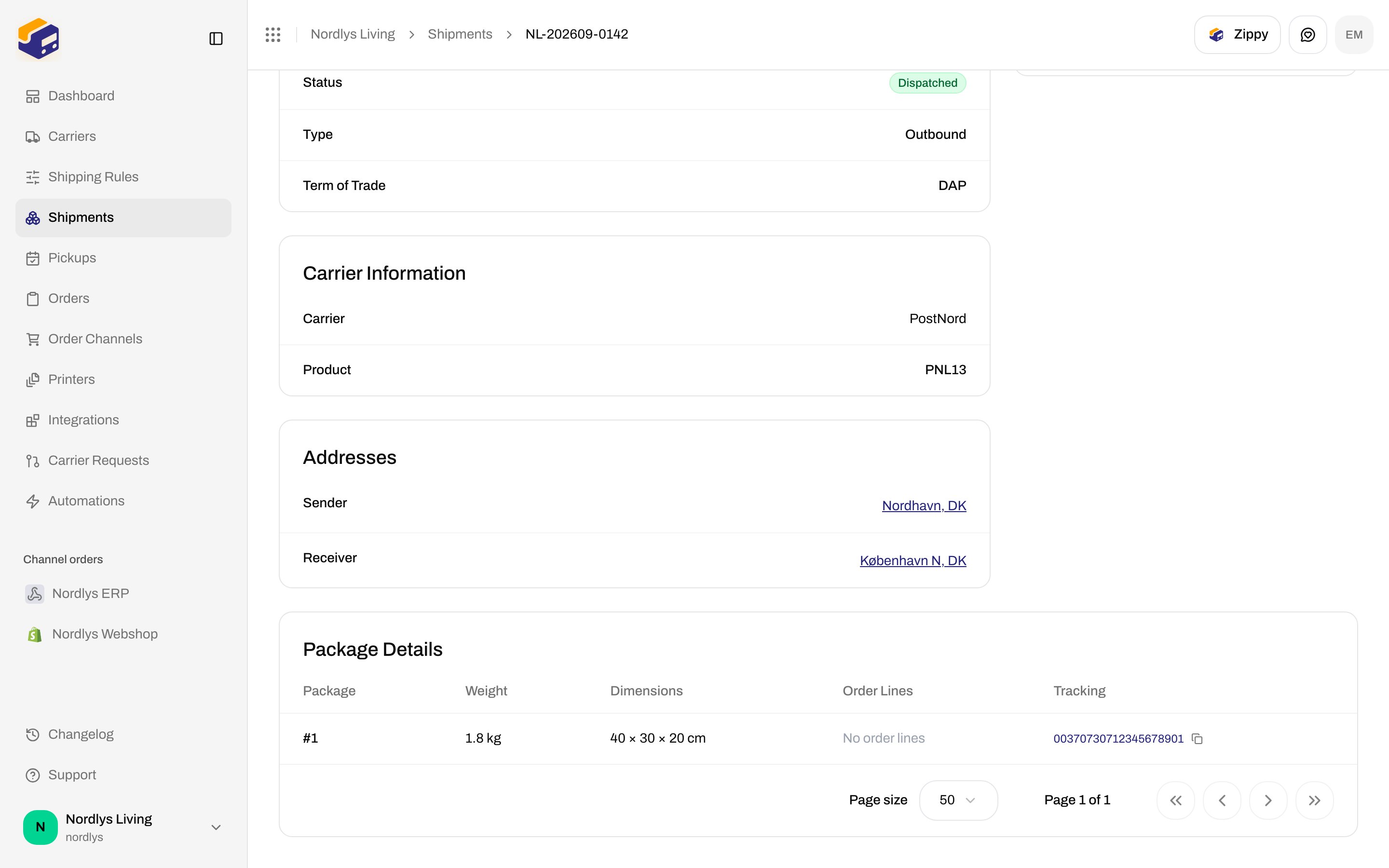 Shipment overview Package Details table with a tracking number in the Tracking column