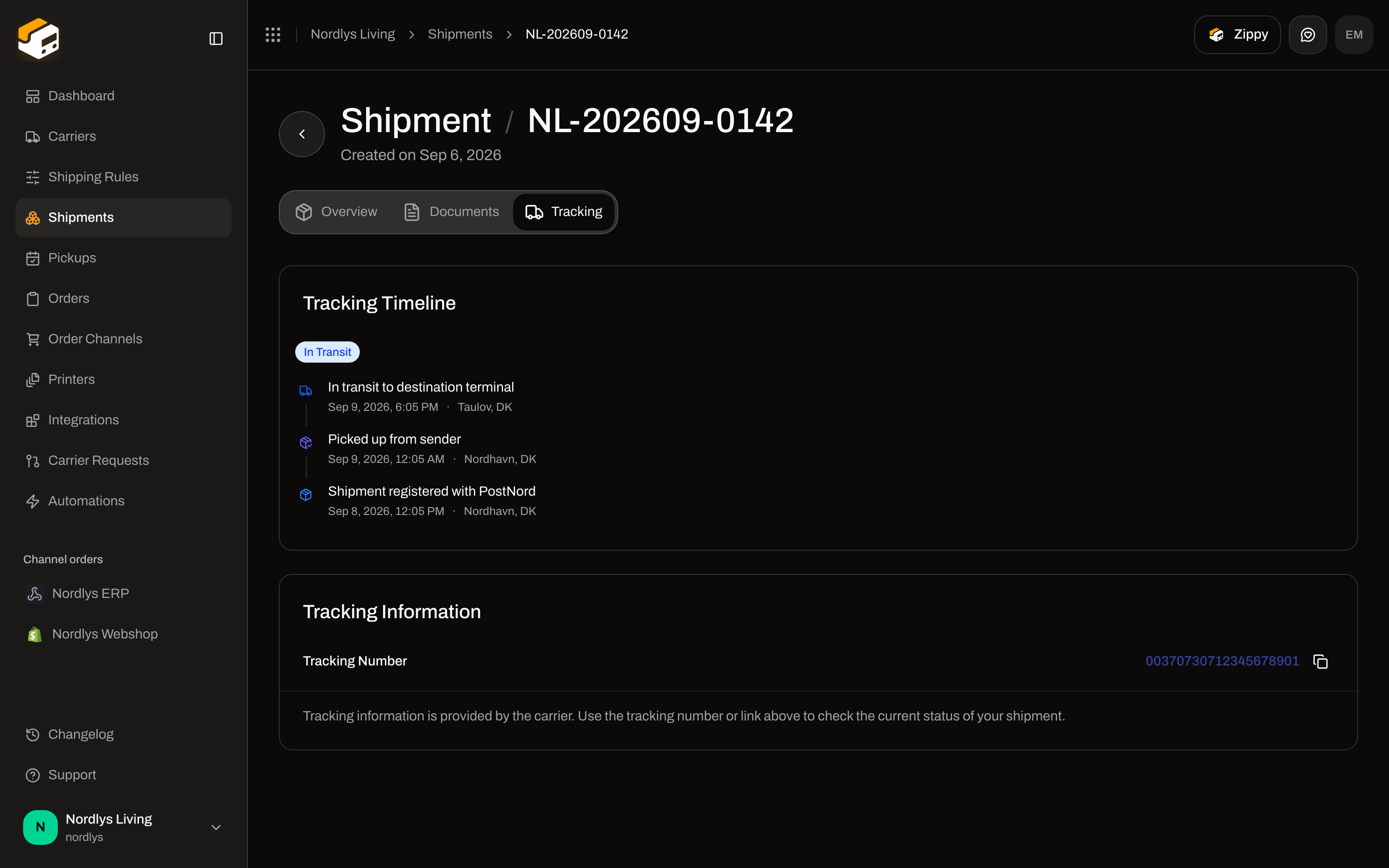 Shipment Tracking tab with In Transit badge, event timeline, and tracking number