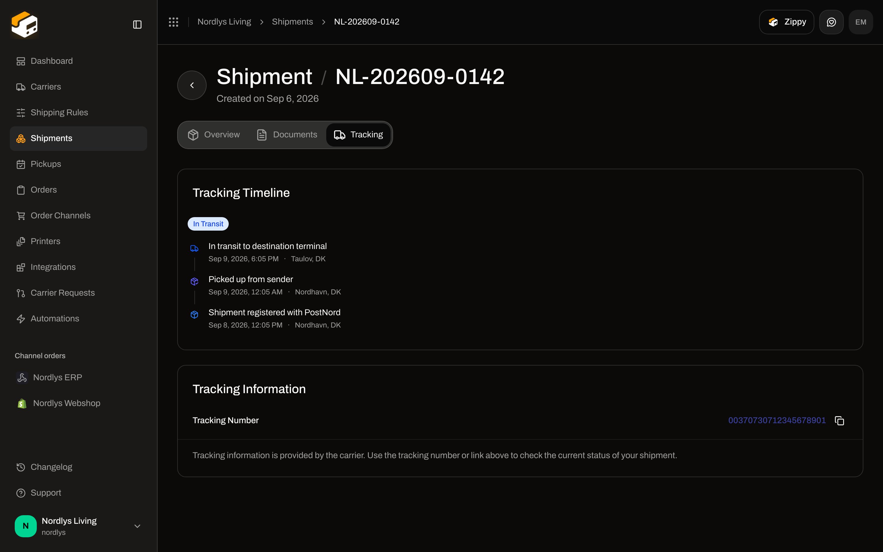 Shipment Tracking tab with In Transit badge, event timeline, and tracking number