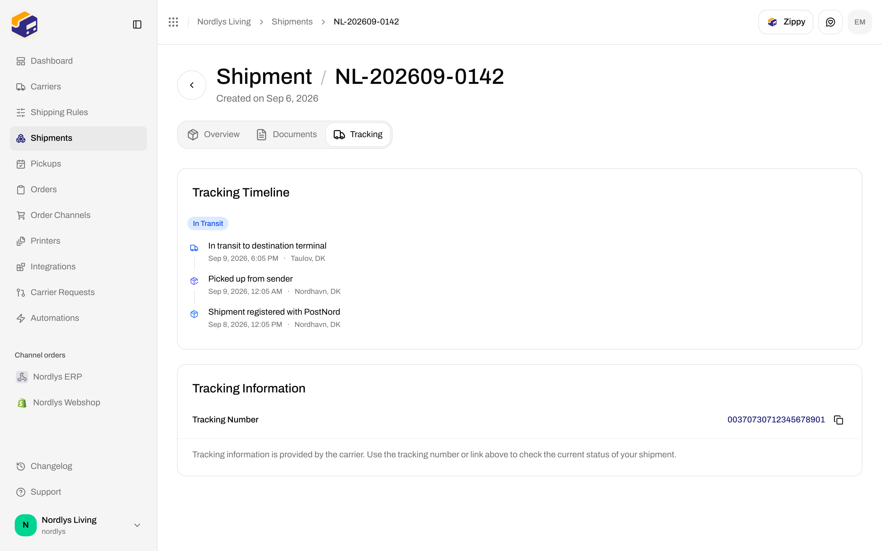 Shipment Tracking tab with In Transit badge, event timeline, and tracking number