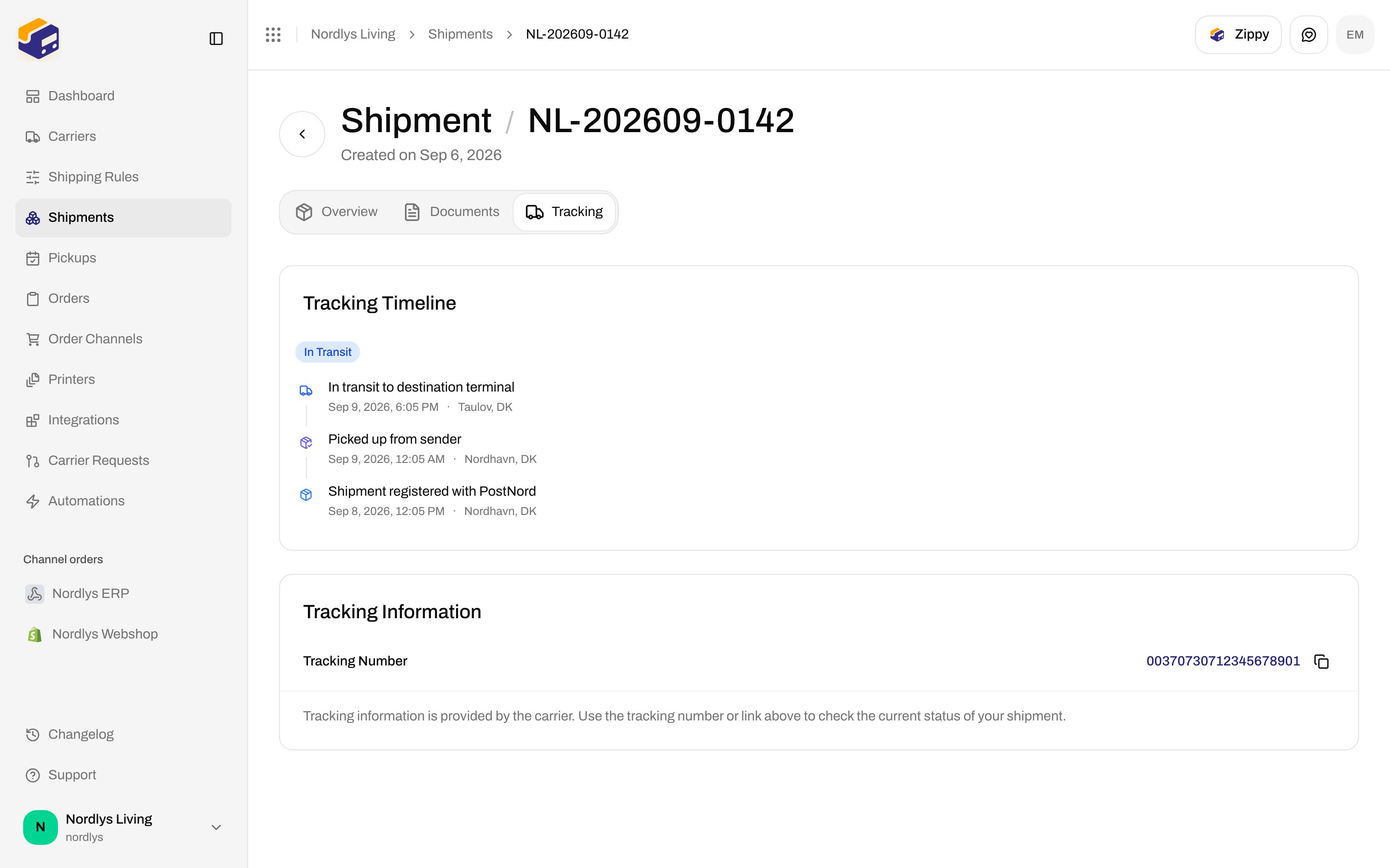 Shipment Tracking tab with In Transit badge, event timeline, and tracking number